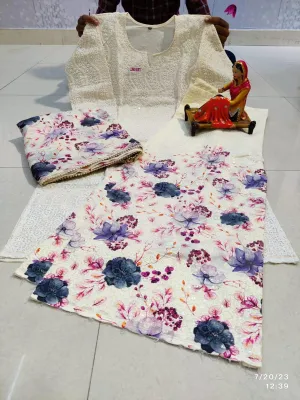 🌸 Enchanting Chikankari Sequins White Kurti Set with Purple Floral Digital Print Sharara and Dupatta🌸