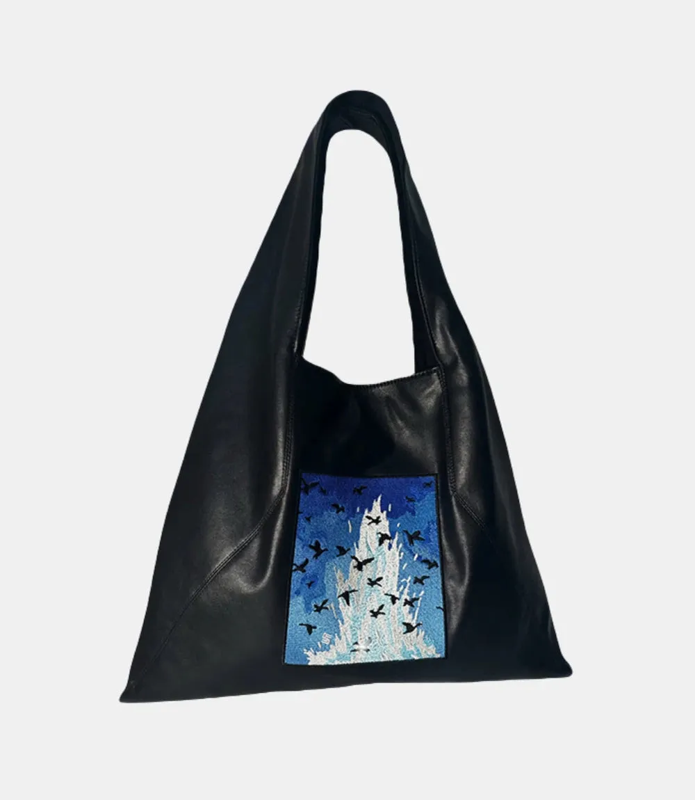 Artistic Embroidered Triangle Soft Leather Tote Bag