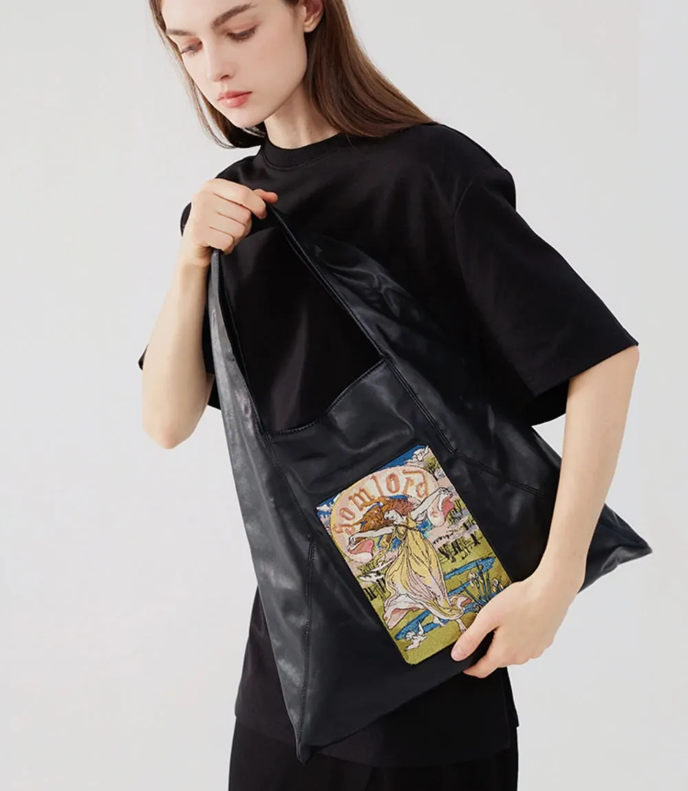 Artistic Embroidered Triangle Soft Leather Tote Bag