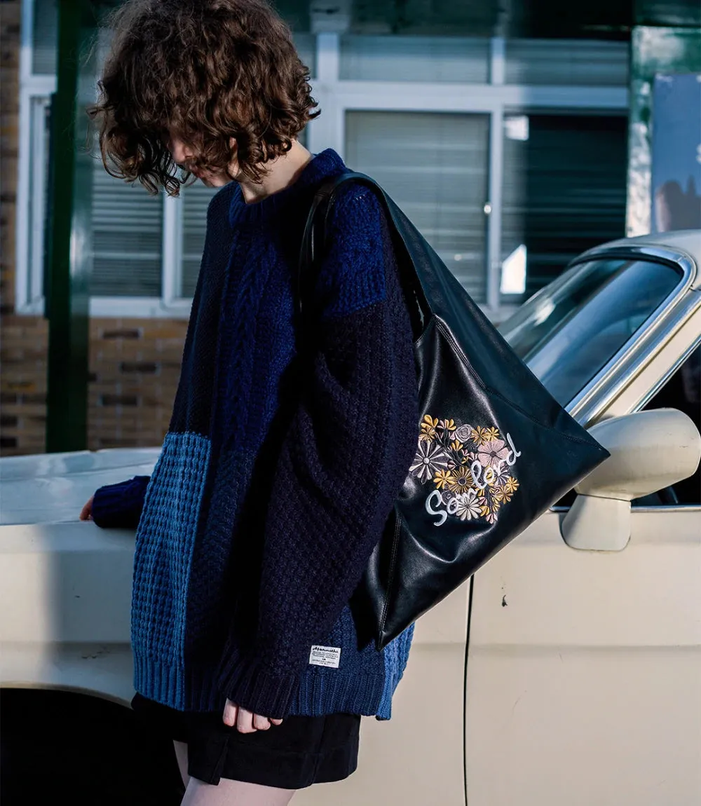 Artistic Embroidered Triangle Soft Leather Tote Bag