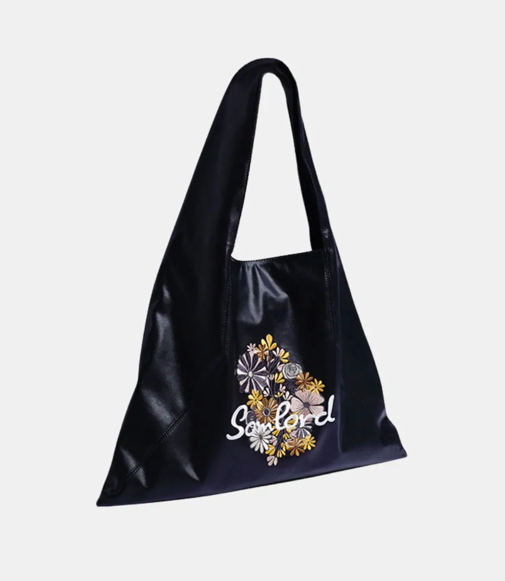 Artistic Embroidered Triangle Soft Leather Tote Bag