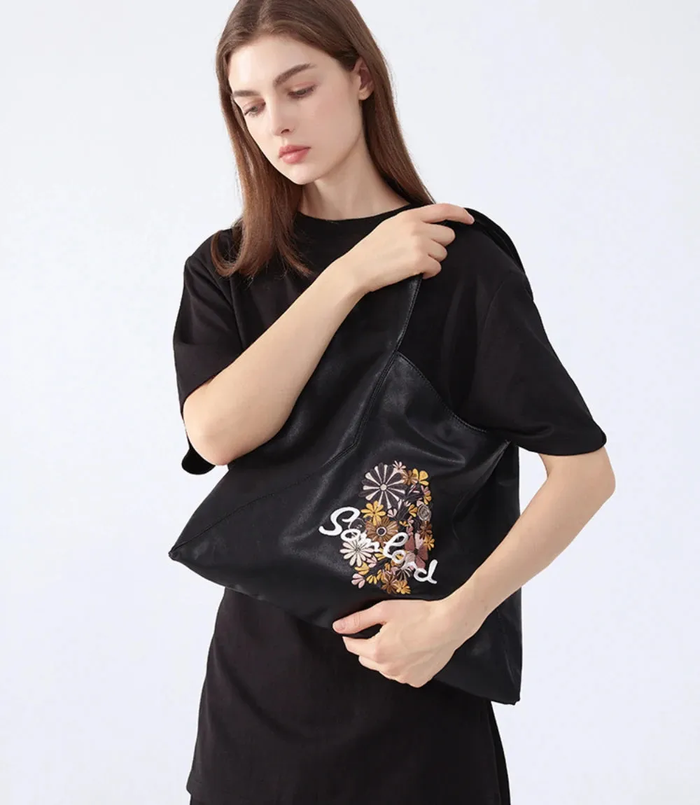 Artistic Embroidered Triangle Soft Leather Tote Bag