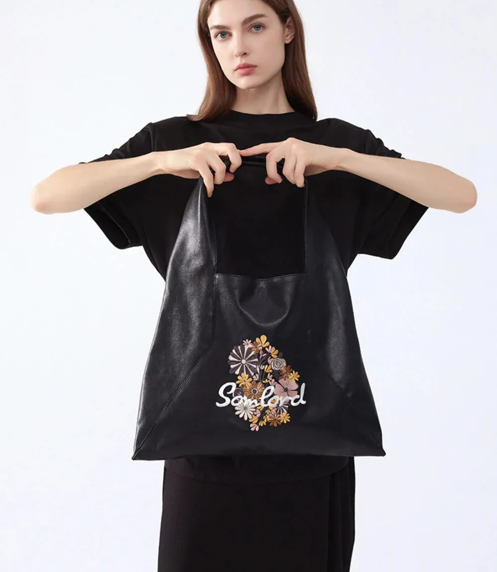 Artistic Embroidered Triangle Soft Leather Tote Bag