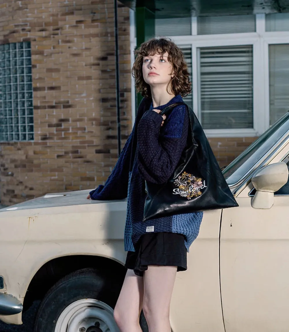 Artistic Embroidered Triangle Soft Leather Tote Bag