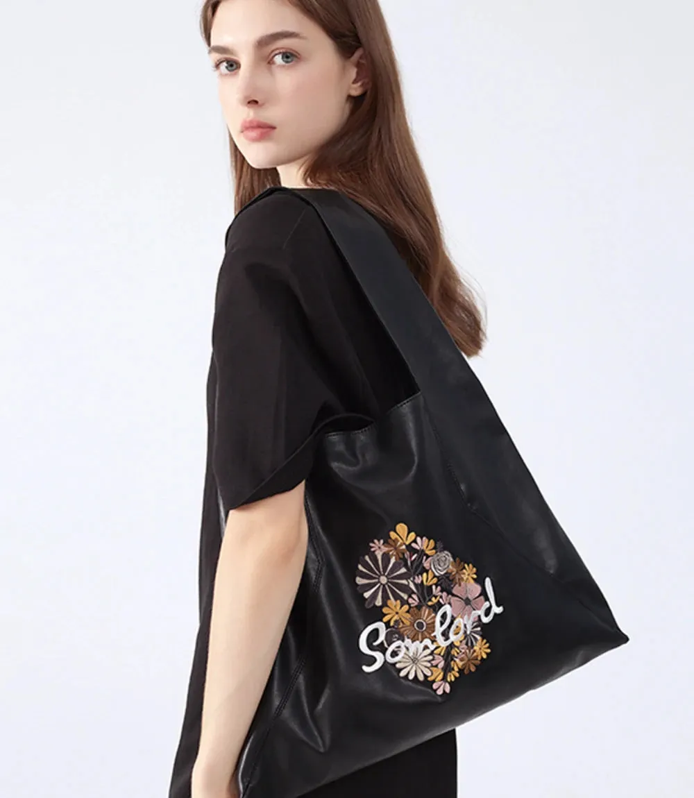 Artistic Embroidered Triangle Soft Leather Tote Bag