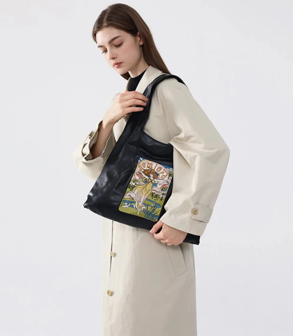 Artistic Embroidered Triangle Soft Leather Tote Bag