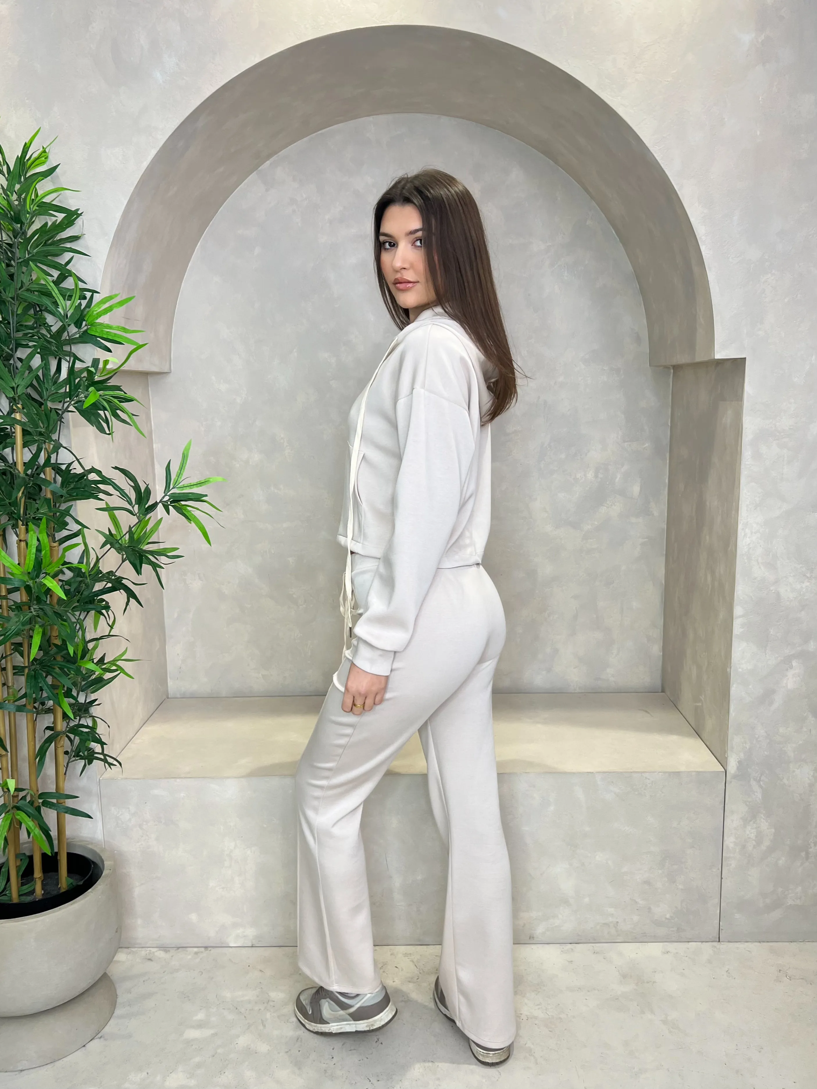 Beige Hooded Wide Leg Trouser Set