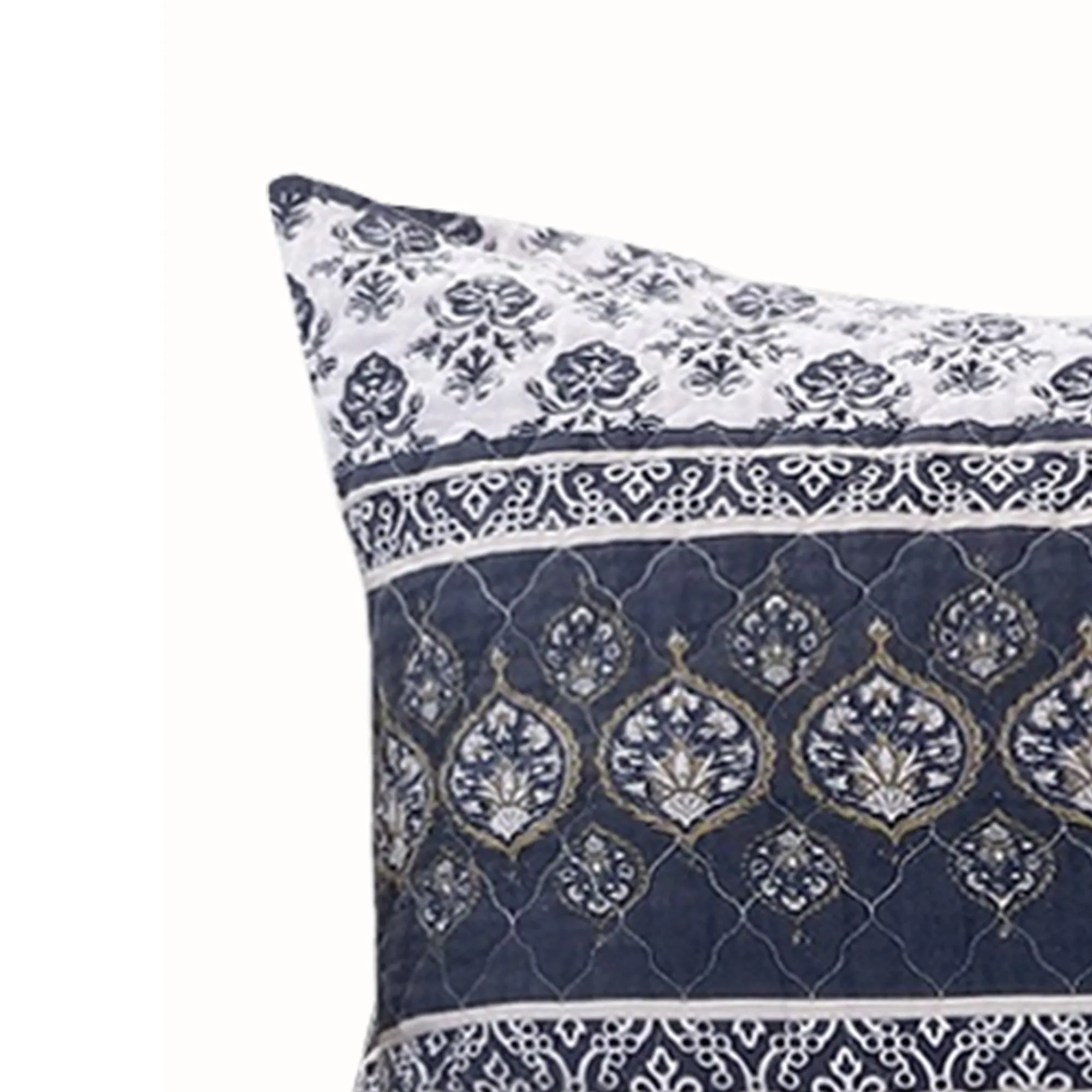 Benzara 26 x 20 Fabric Pillow Sham with Ikat and Floral Motif, White and Blue