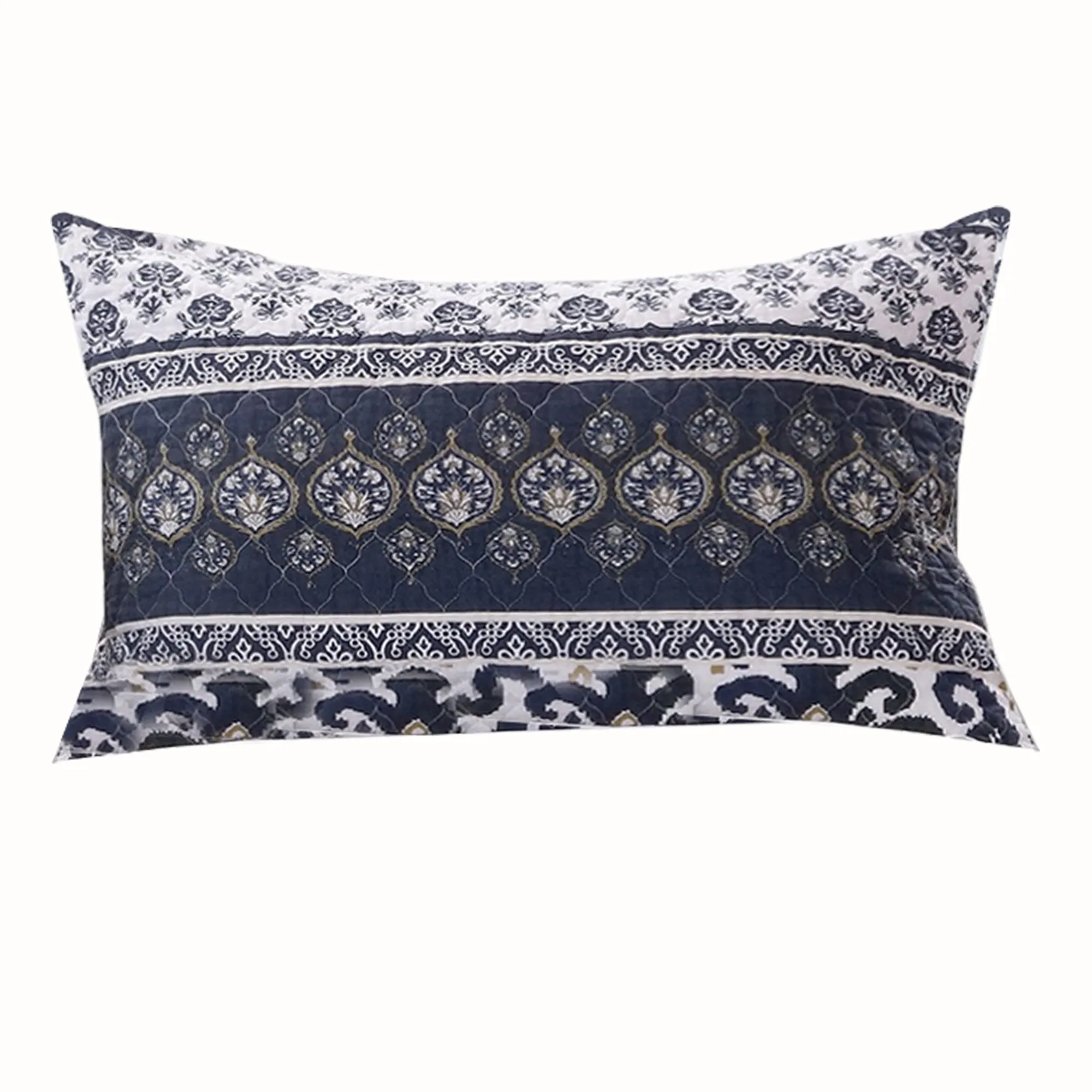 Benzara 26 x 20 Fabric Pillow Sham with Ikat and Floral Motif, White and Blue