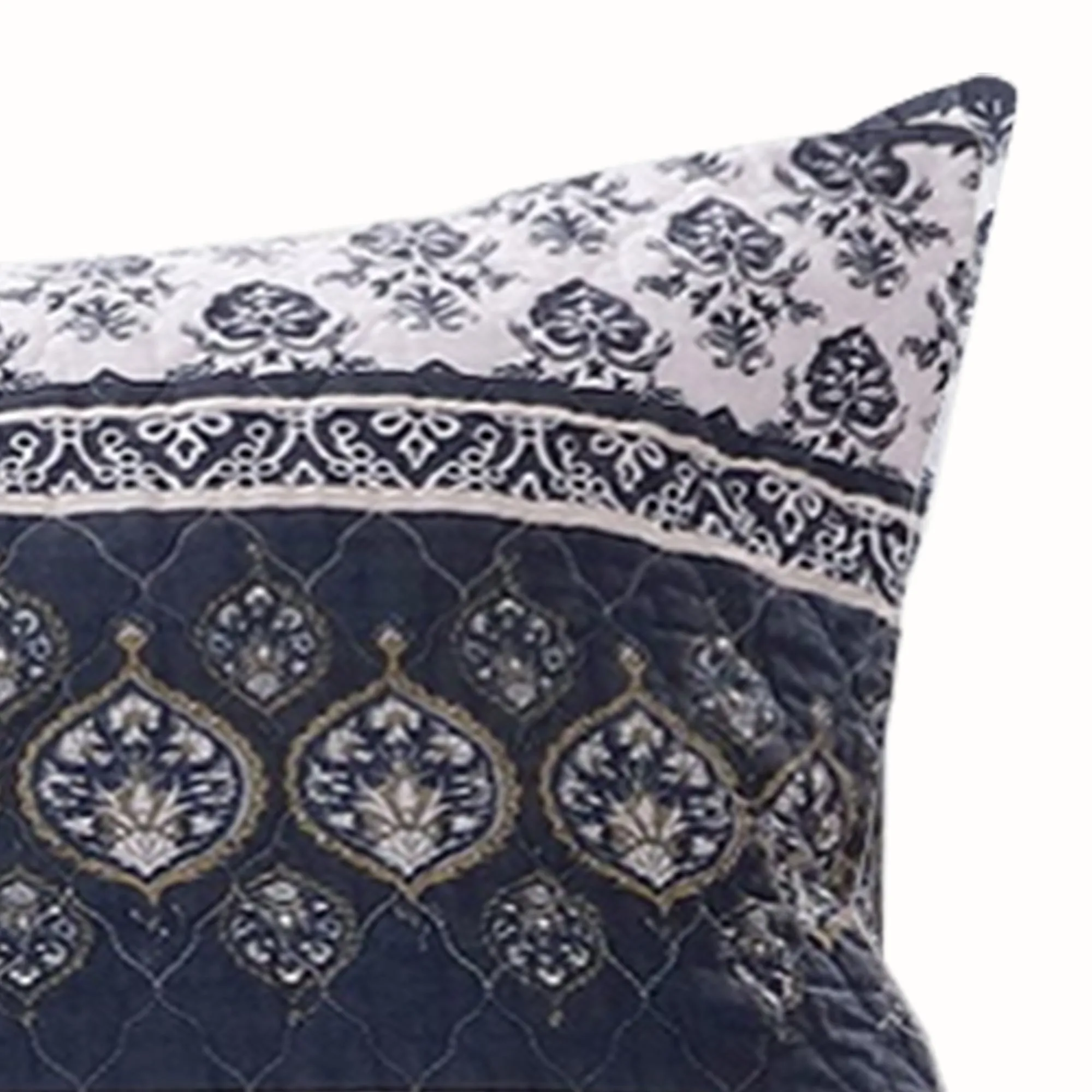 Benzara 26 x 20 Fabric Pillow Sham with Ikat and Floral Motif, White and Blue