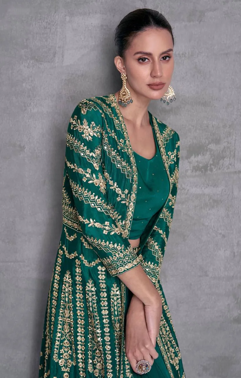 Blazing Green Chinon Embroidered Jacket Lehenga