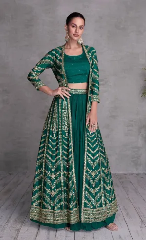 Blazing Green Chinon Embroidered Jacket Lehenga