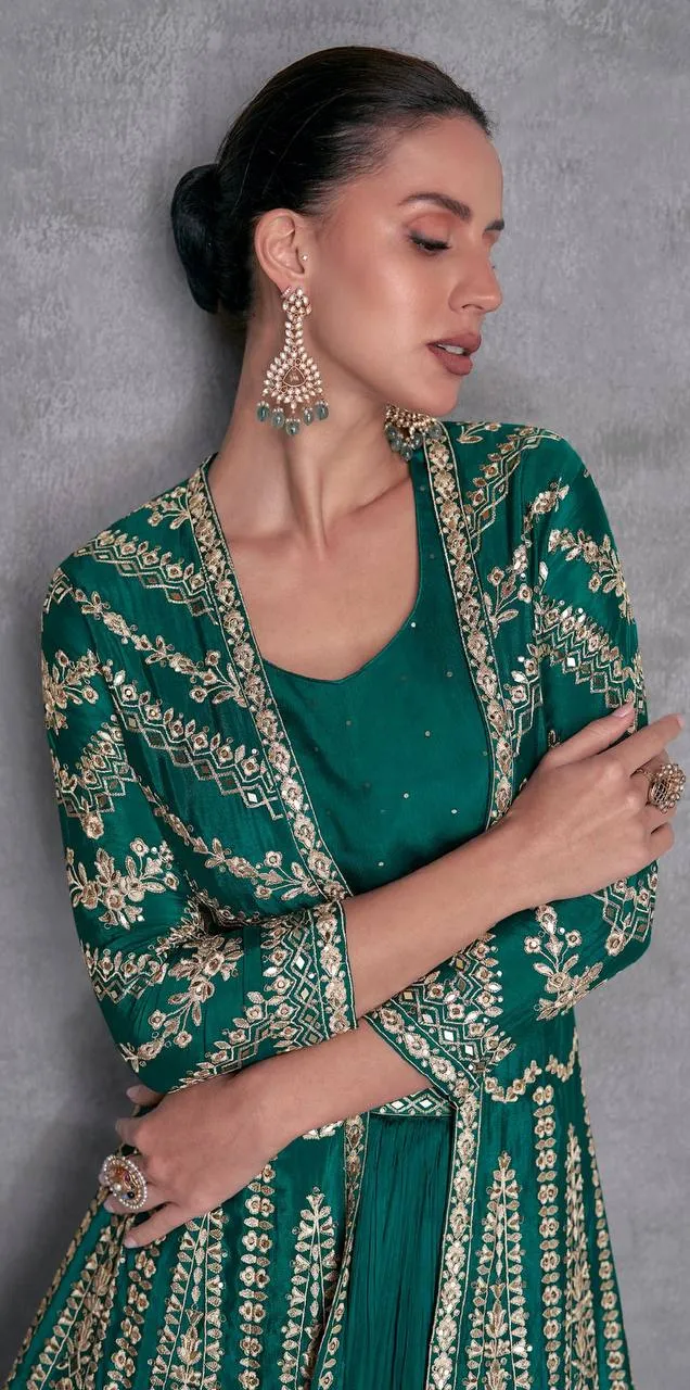 Blazing Green Chinon Embroidered Jacket Lehenga