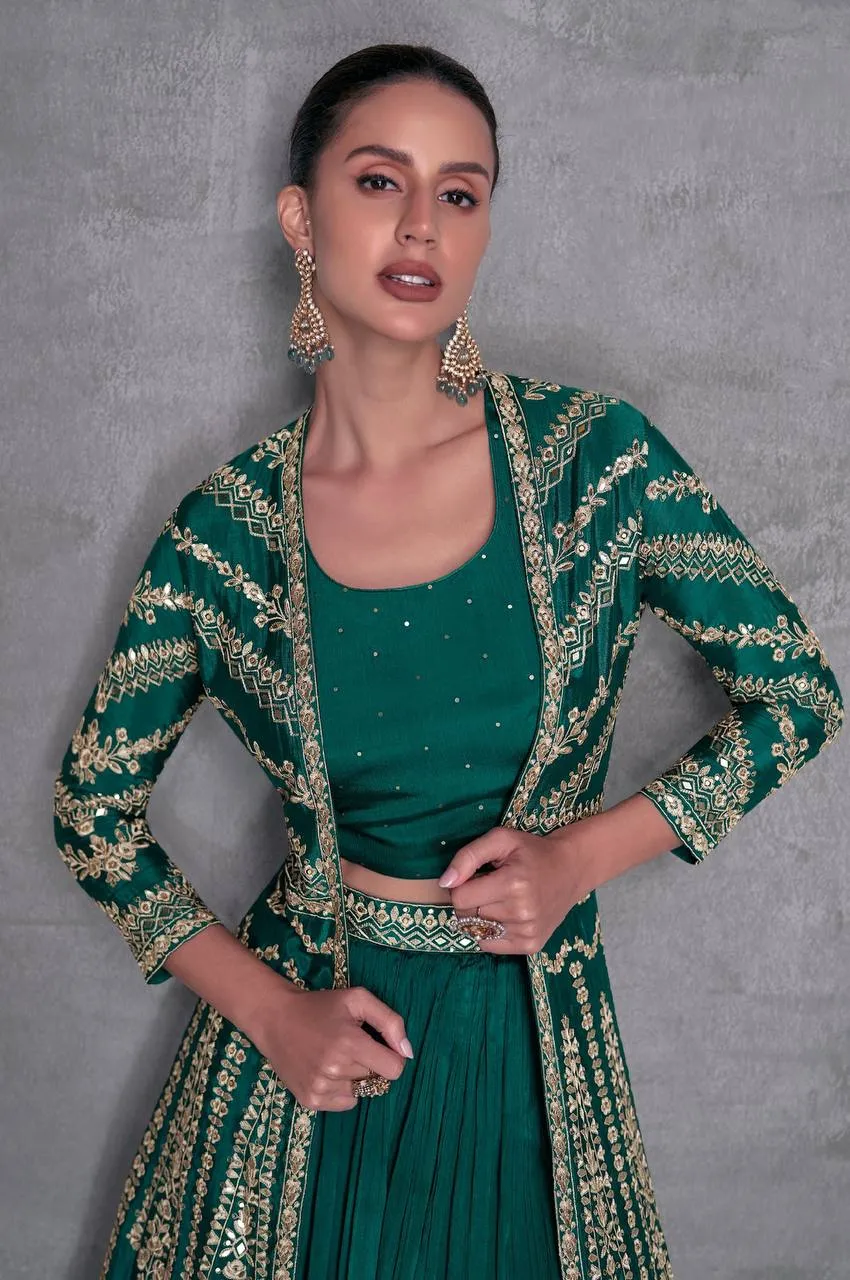 Blazing Green Chinon Embroidered Jacket Lehenga