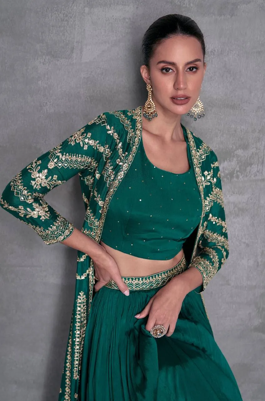 Blazing Green Chinon Embroidered Jacket Lehenga