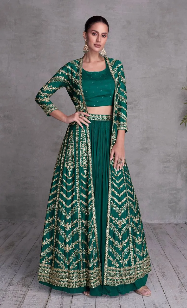 Blazing Green Chinon Embroidered Jacket Lehenga