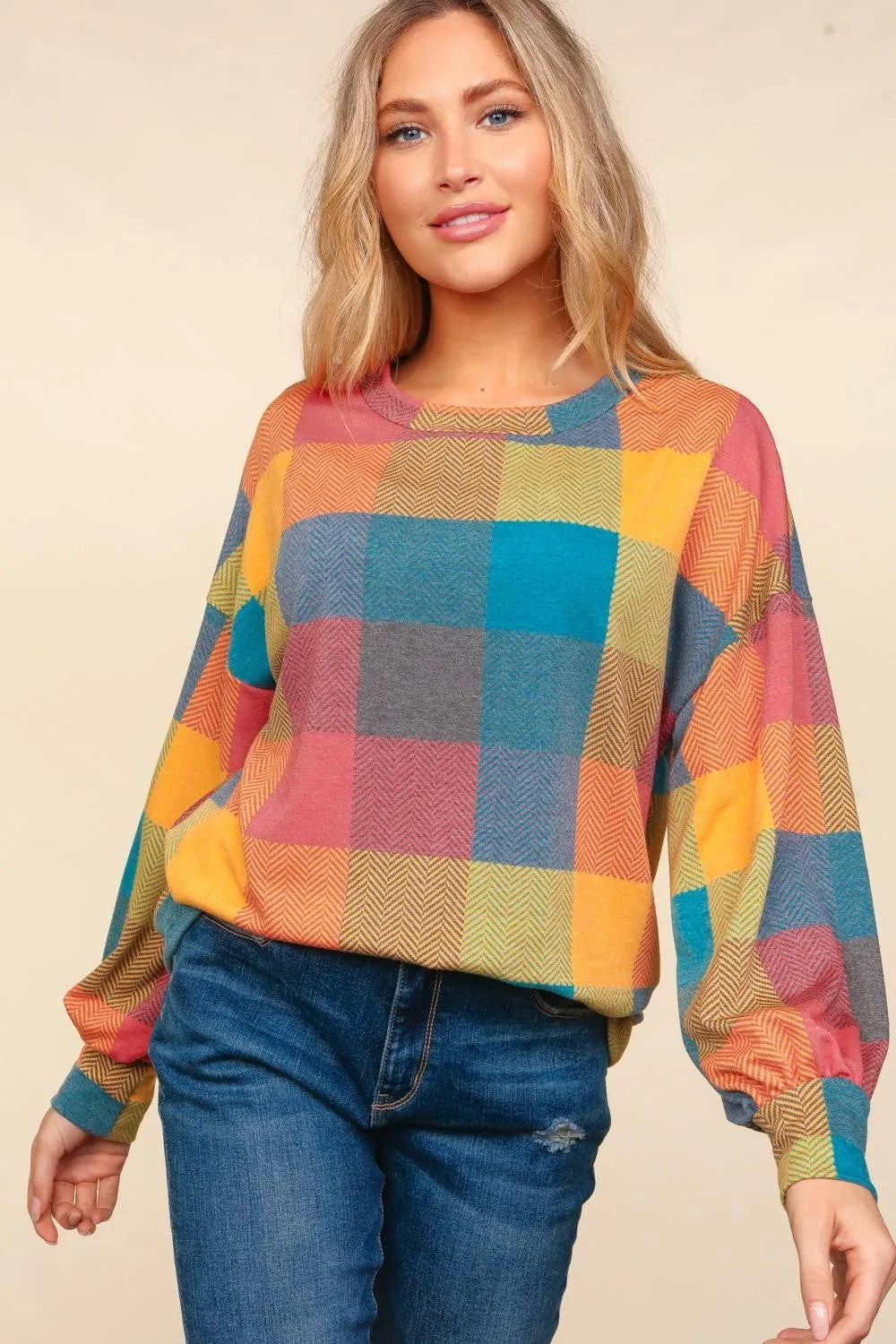Contrast Plaid Round Neck Sweater