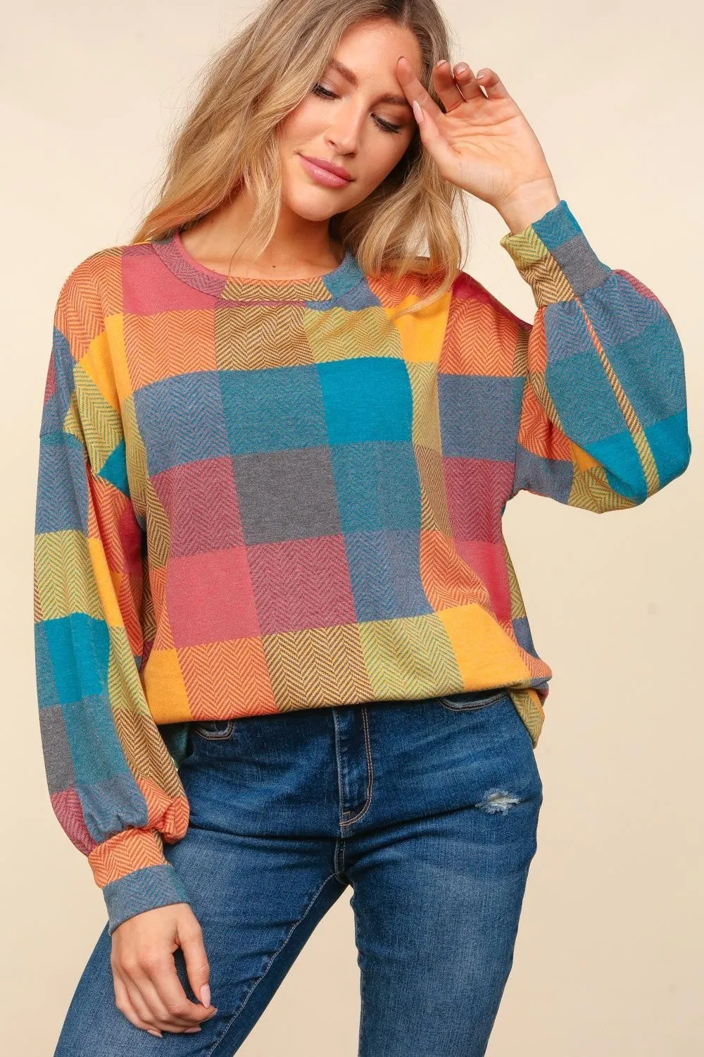 Contrast Plaid Round Neck Sweater