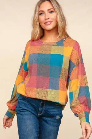 Contrast Plaid Round Neck Sweater