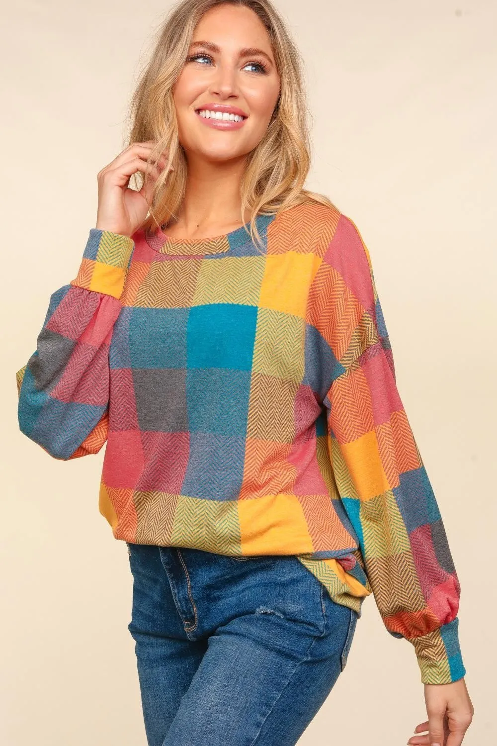 Contrast Plaid Round Neck Sweater