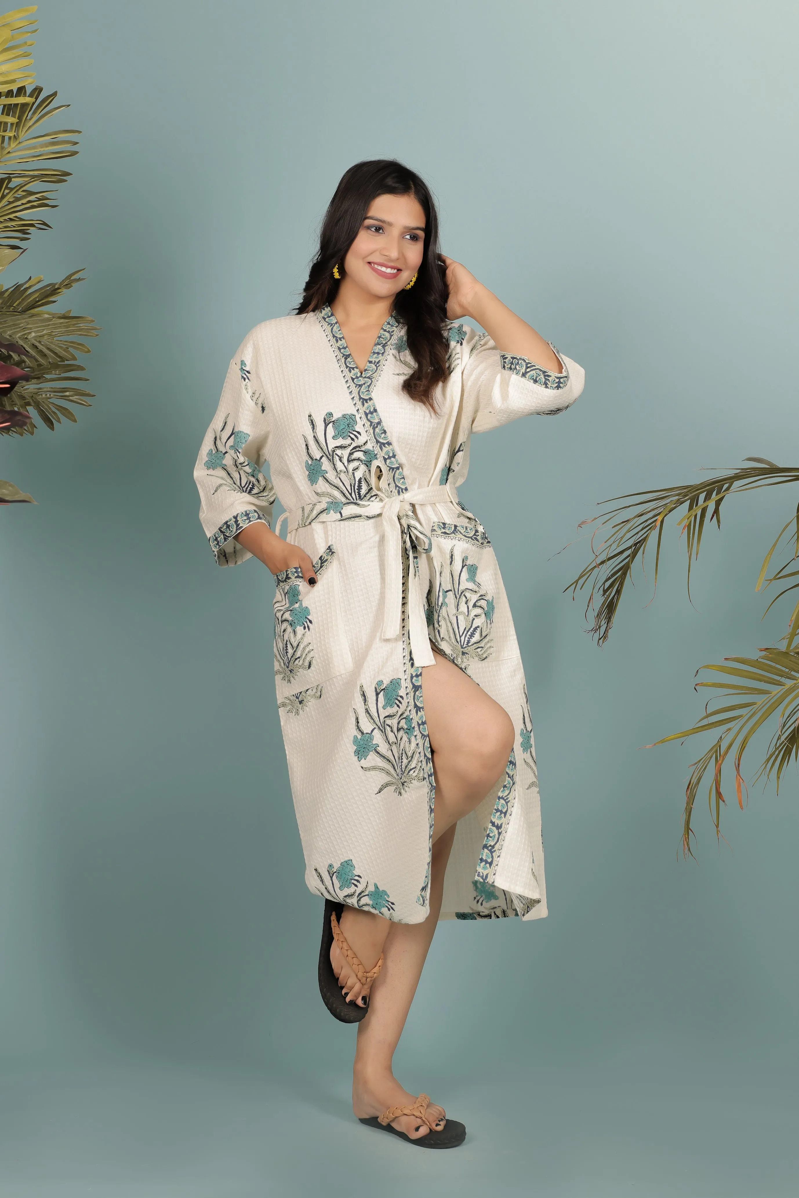 Cream & Green Floral Printed Unisex Bathrobe