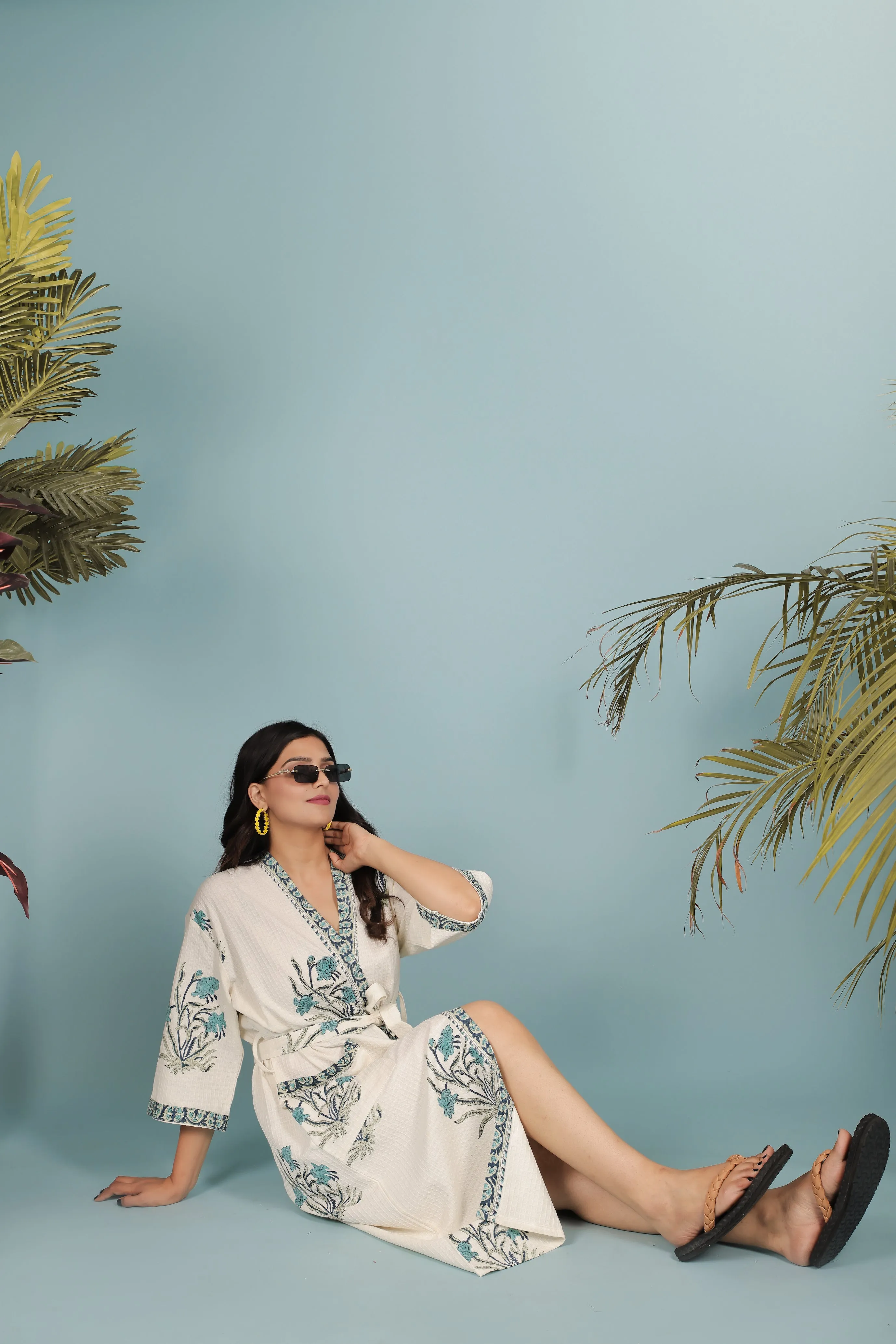 Cream & Green Floral Printed Unisex Bathrobe