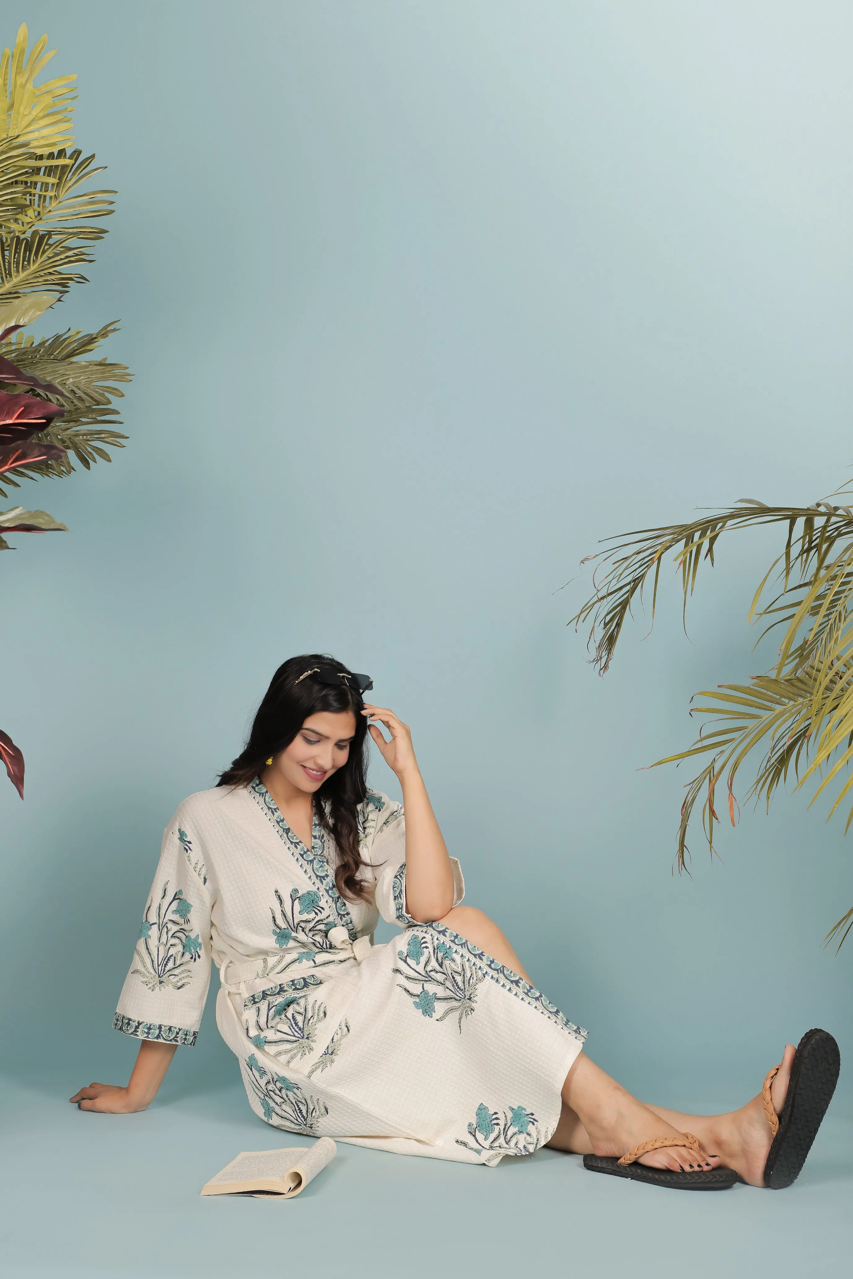 Cream & Green Floral Printed Unisex Bathrobe