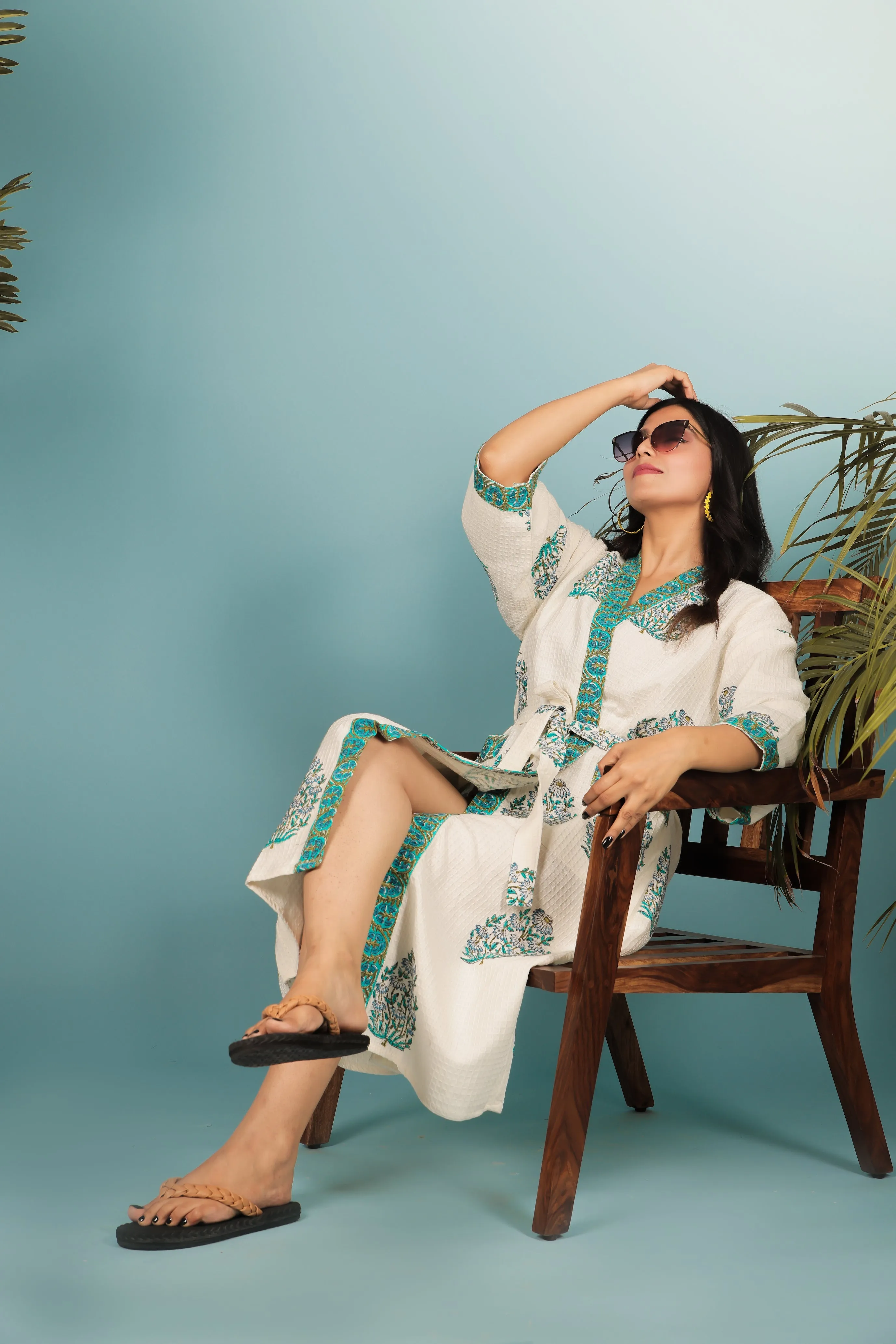 Cream & Green Handblock Print Unisex Bathrobe