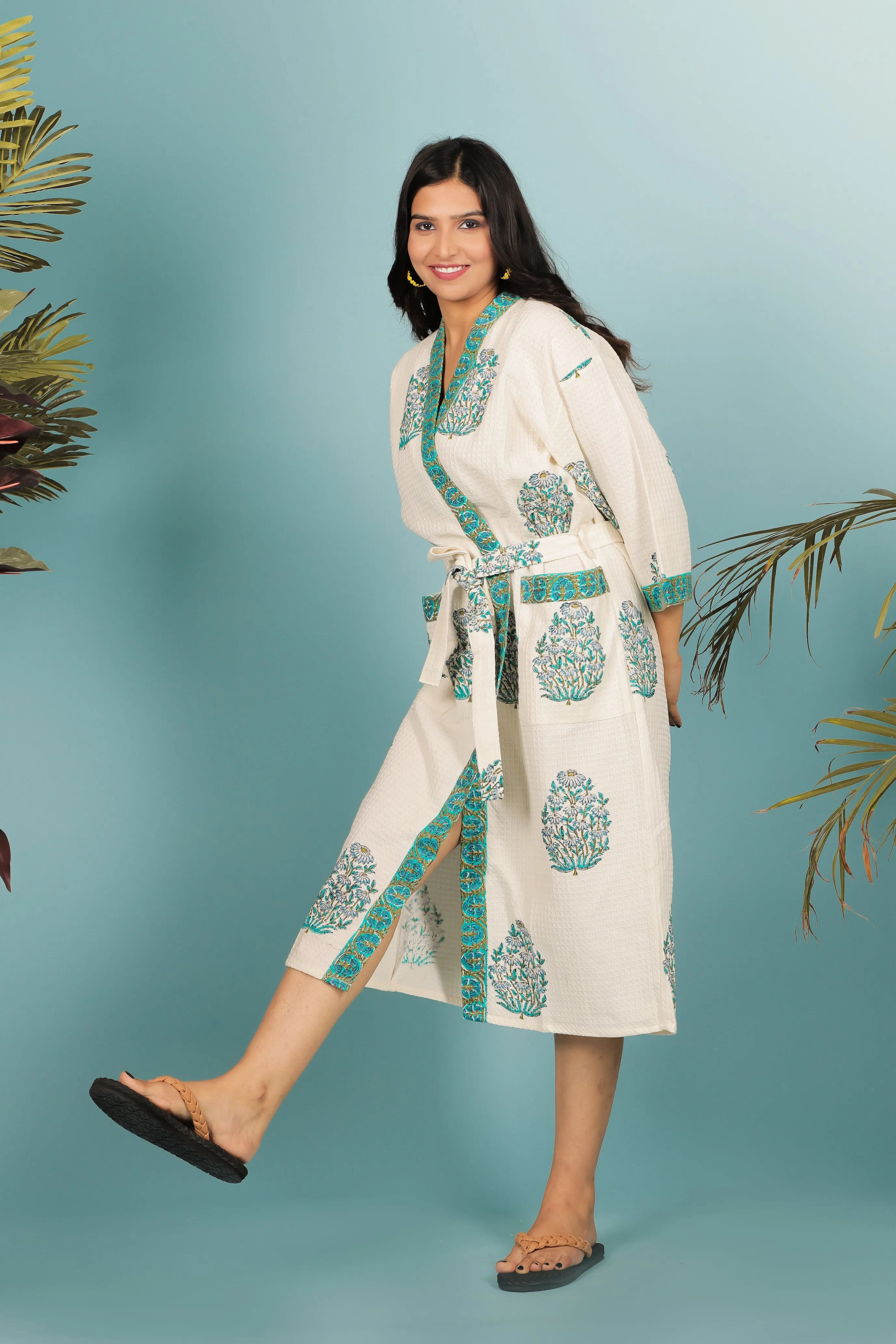 Cream & Green Handblock Print Unisex Bathrobe