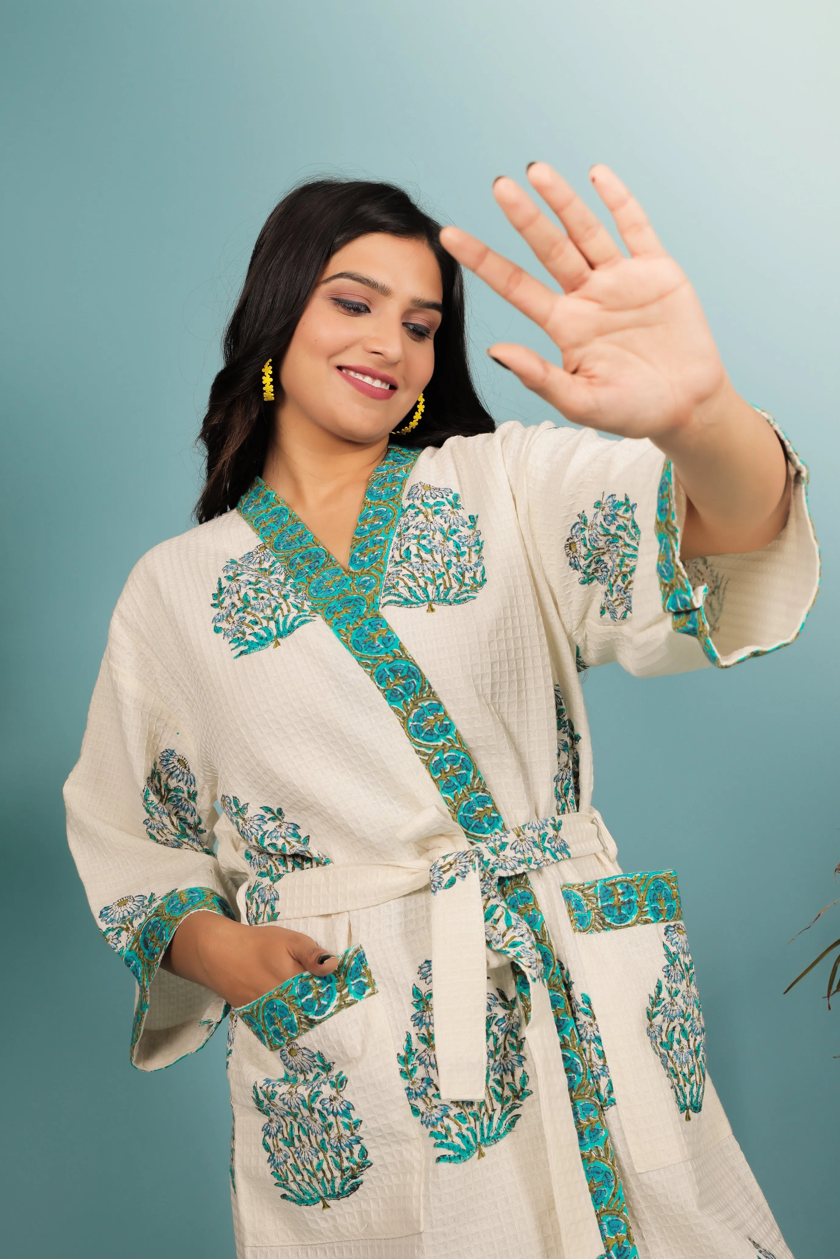 Cream & Green Handblock Print Unisex Bathrobe