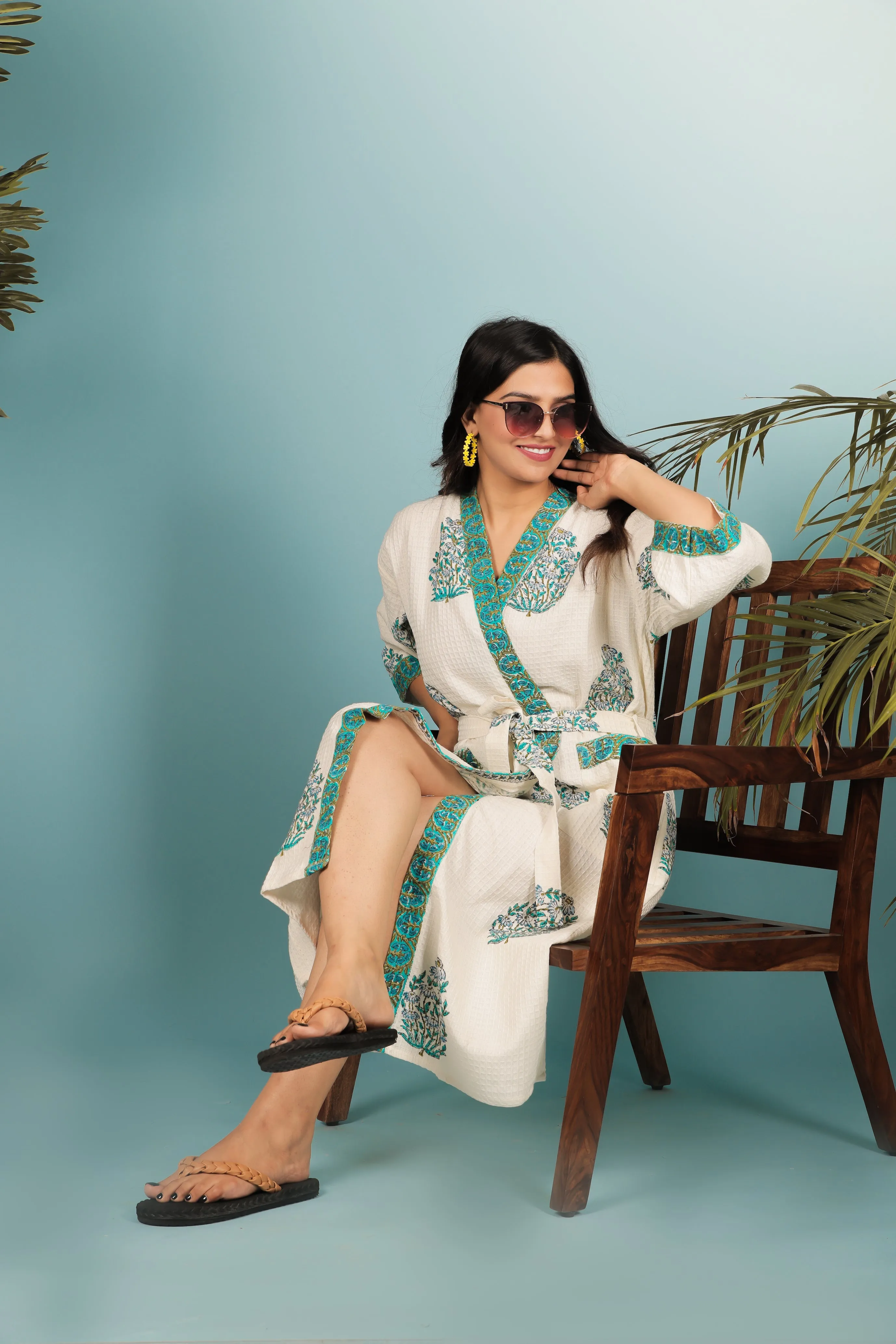 Cream & Green Handblock Print Unisex Bathrobe