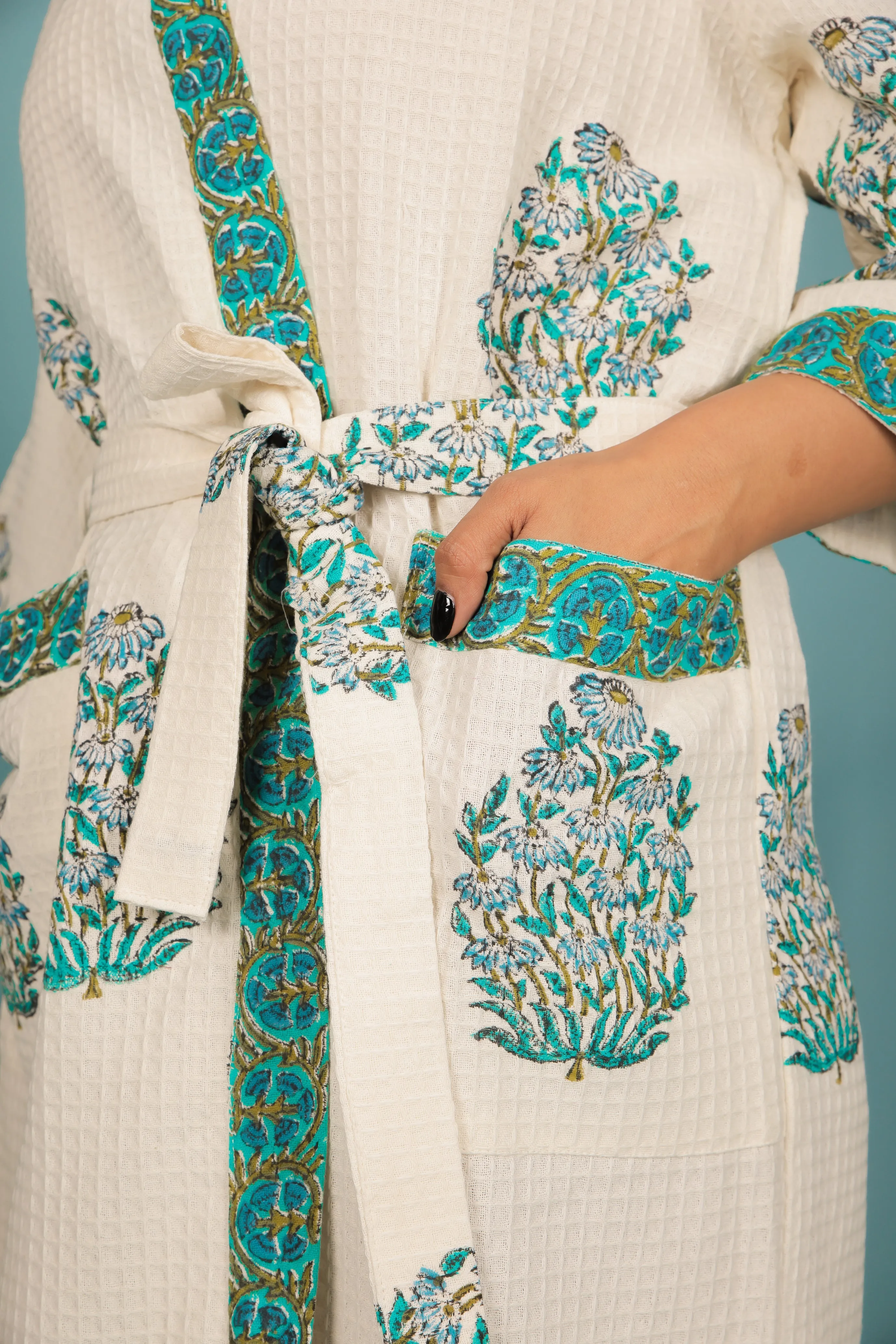 Cream & Green Handblock Print Unisex Bathrobe