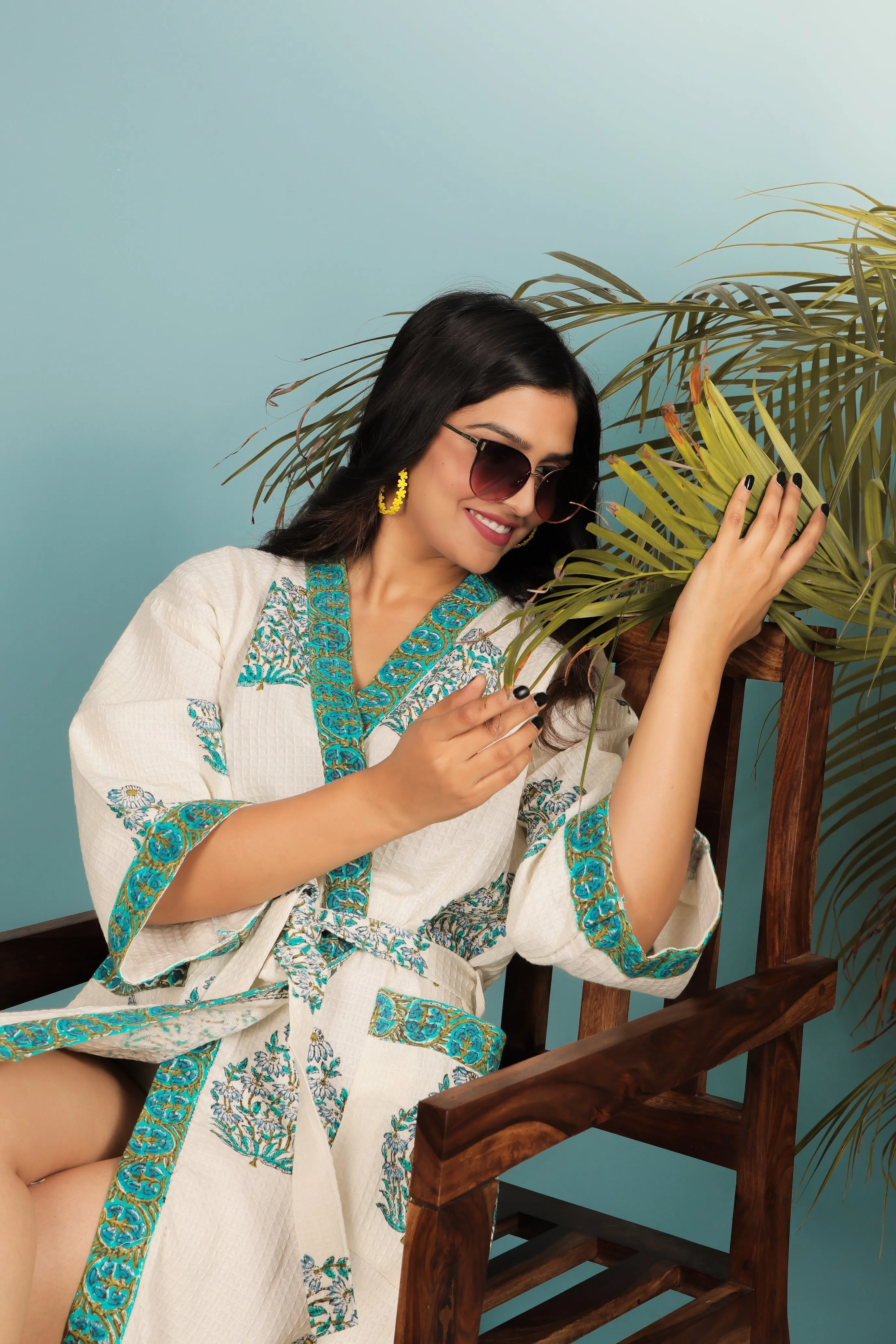 Cream & Green Handblock Print Unisex Bathrobe