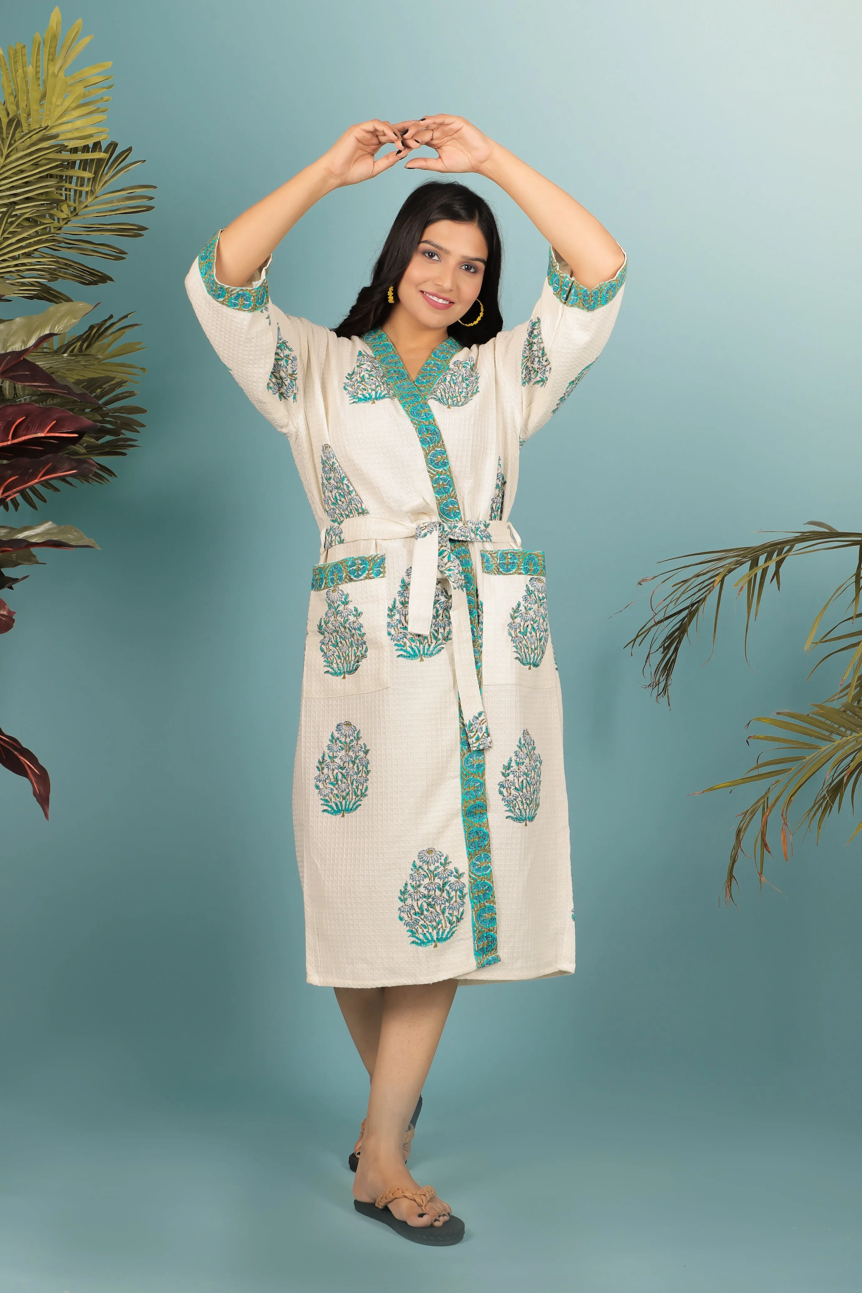 Cream & Green Handblock Print Unisex Bathrobe