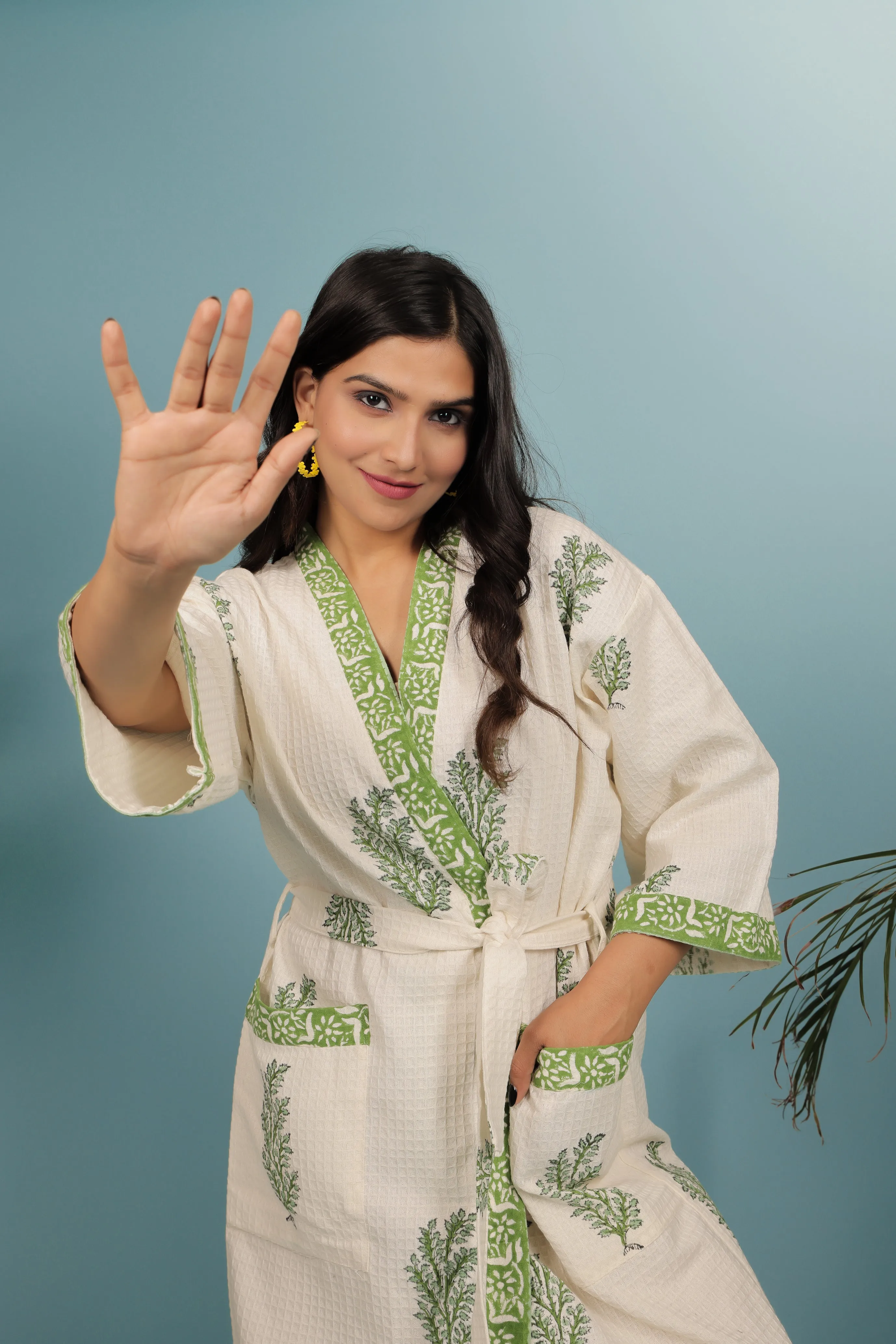 Cream & Green Madurai Cotton Handblock Print Unisex Bathrobe