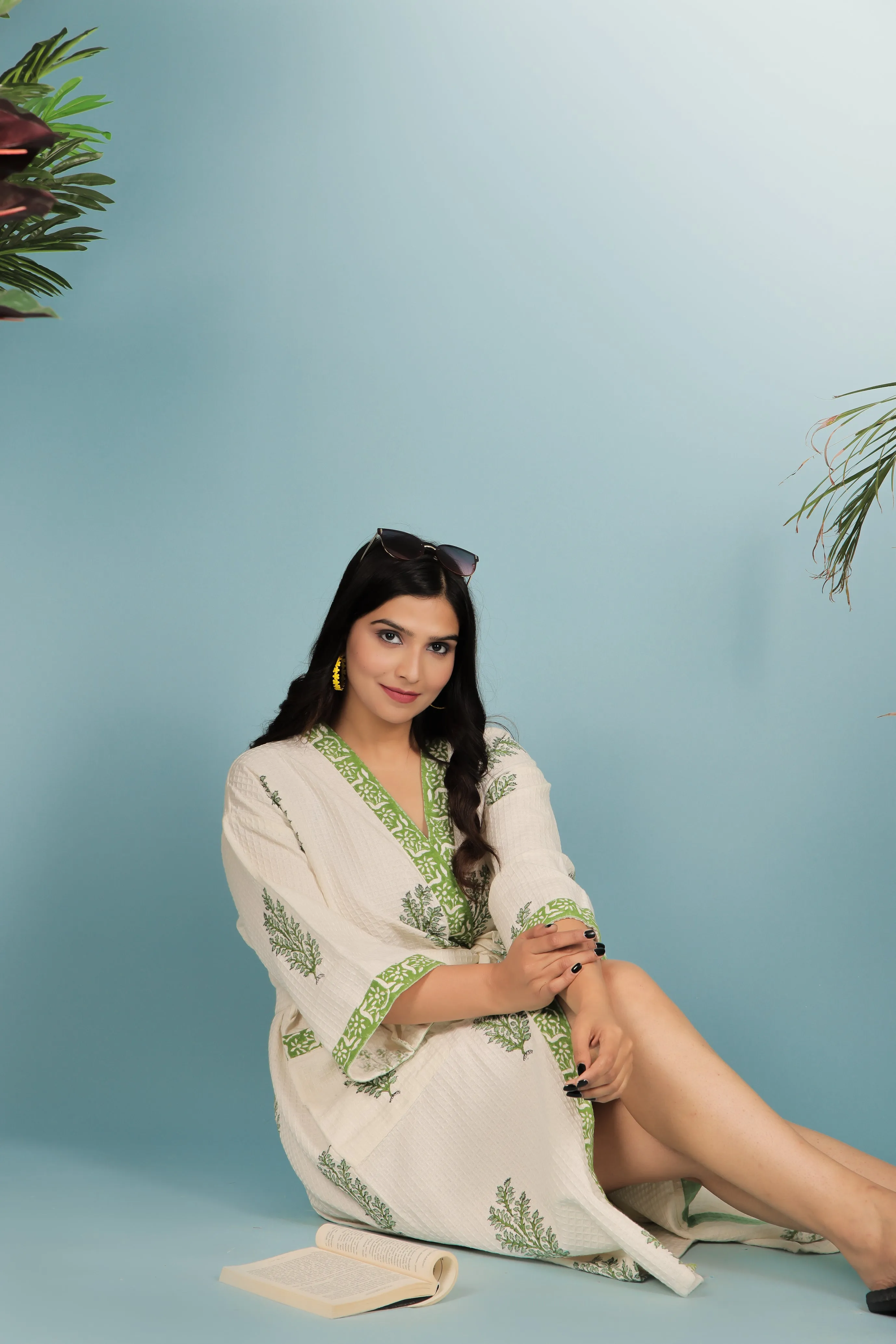 Cream & Green Madurai Cotton Handblock Print Unisex Bathrobe