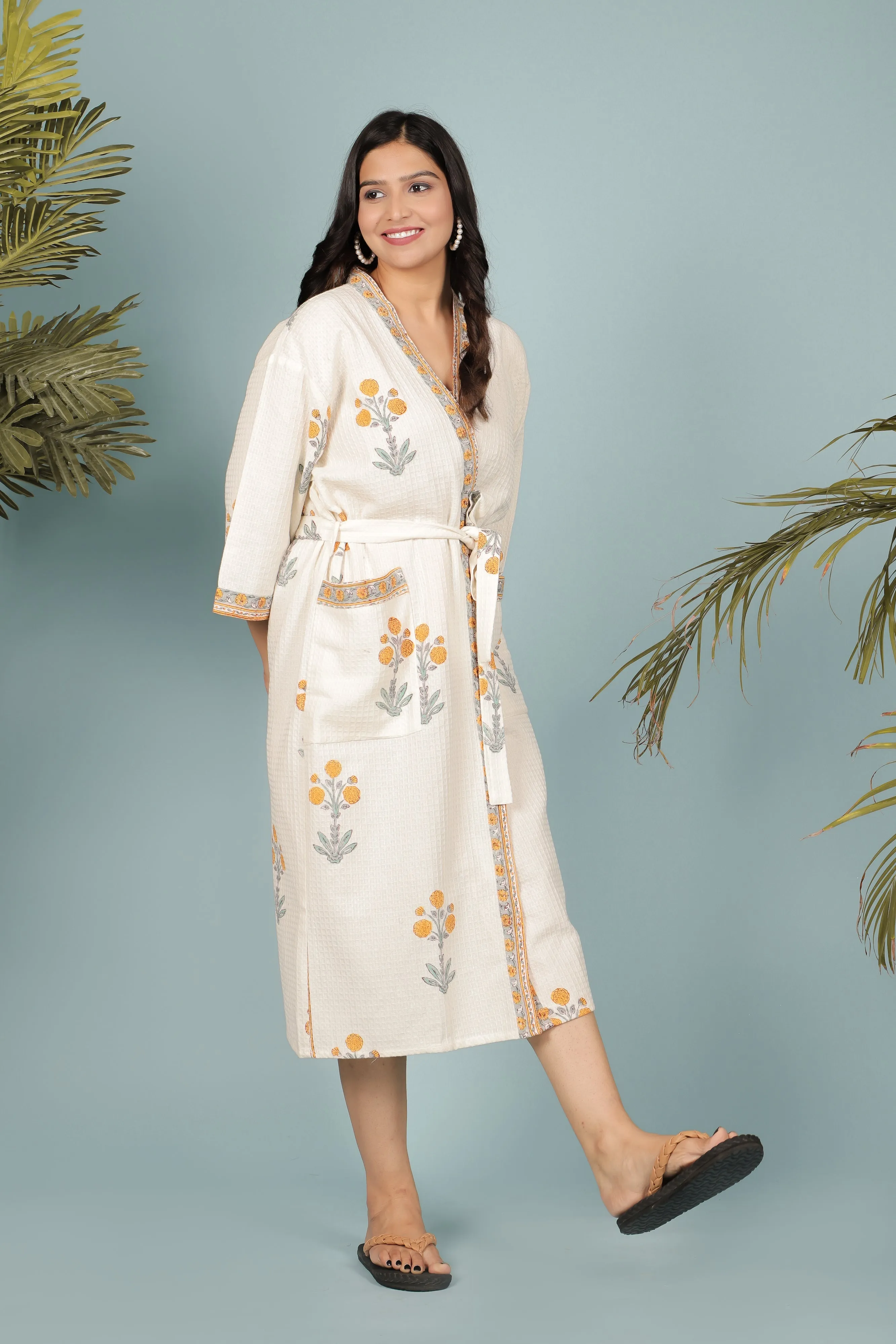 Cream & Orange Madurai Cotton Handblock Print Unisex Bathrobe