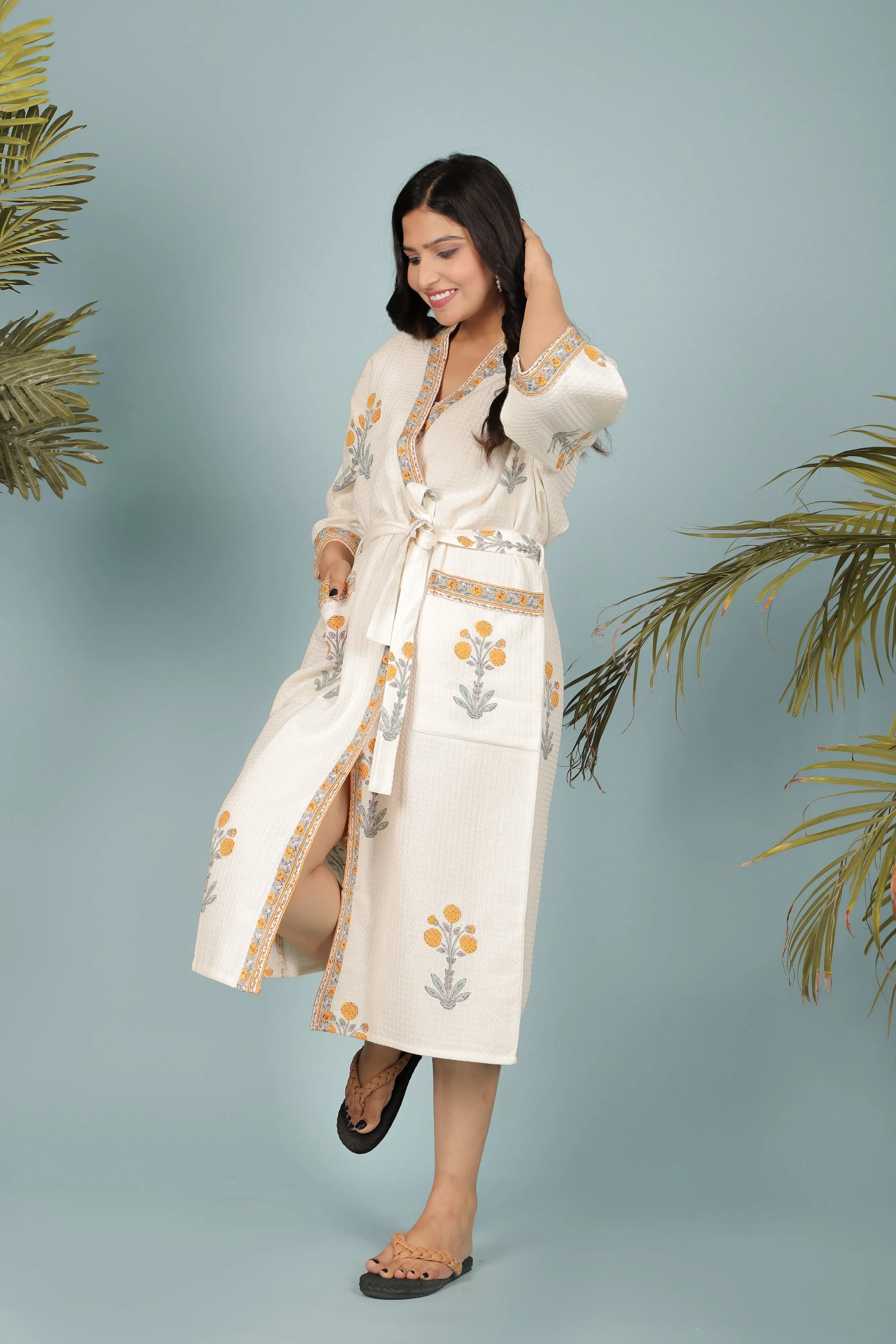 Cream & Orange Madurai Cotton Handblock Print Unisex Bathrobe