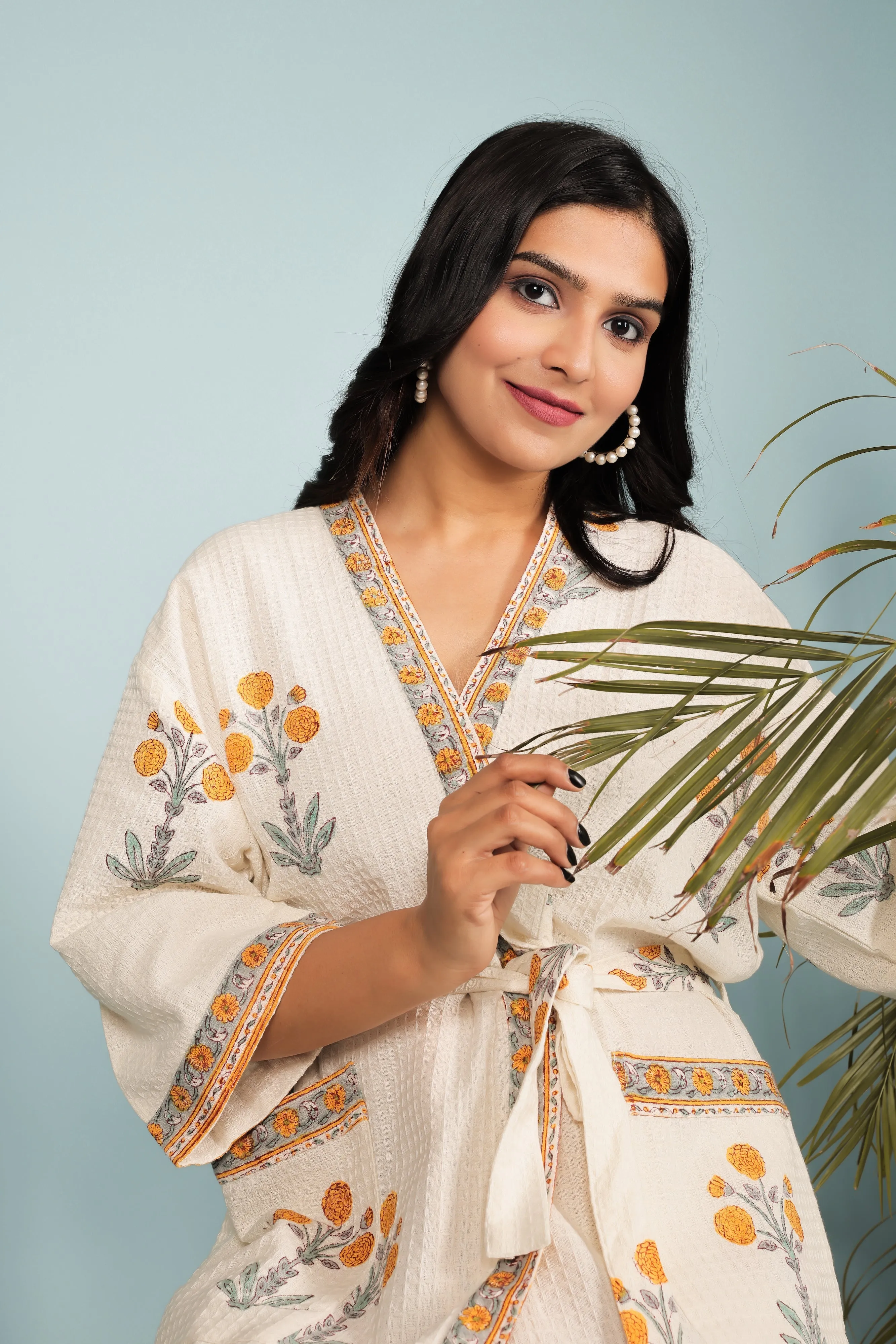 Cream & Orange Madurai Cotton Handblock Print Unisex Bathrobe