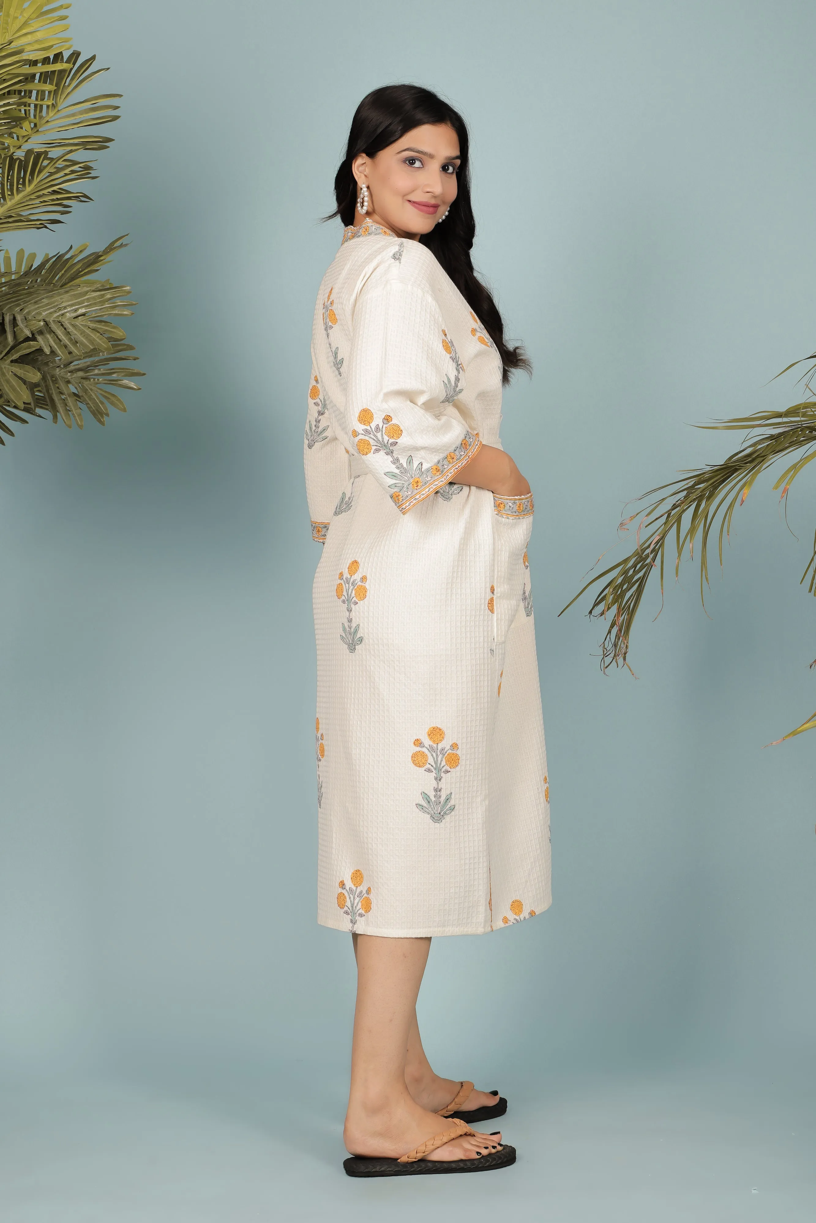 Cream & Orange Madurai Cotton Handblock Print Unisex Bathrobe