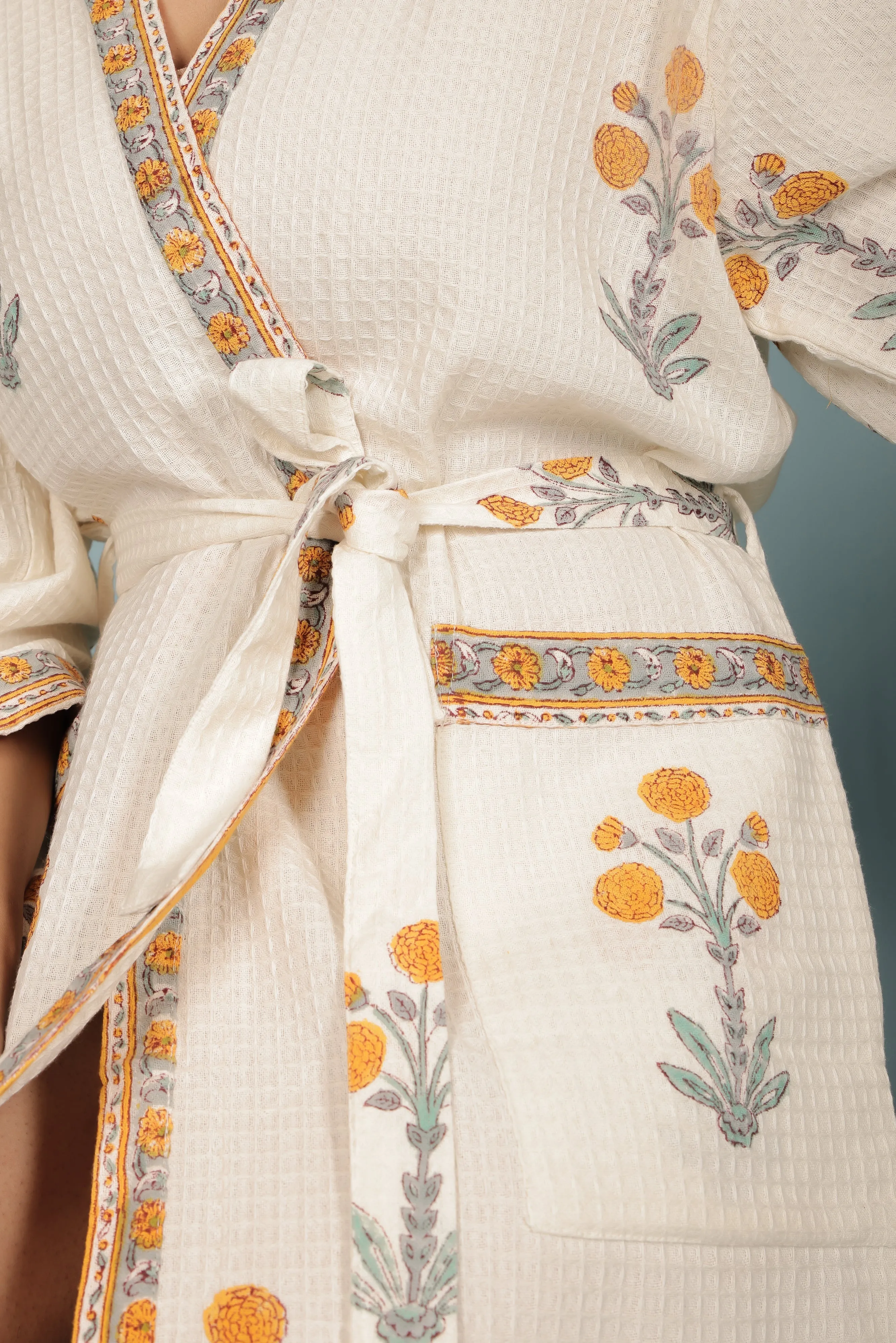 Cream & Orange Madurai Cotton Handblock Print Unisex Bathrobe