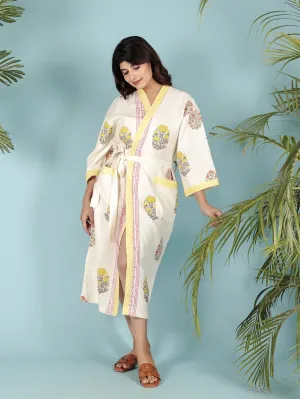 Cream & Yellow Waffle Cotton Handblock Print Unisex Bathrobe