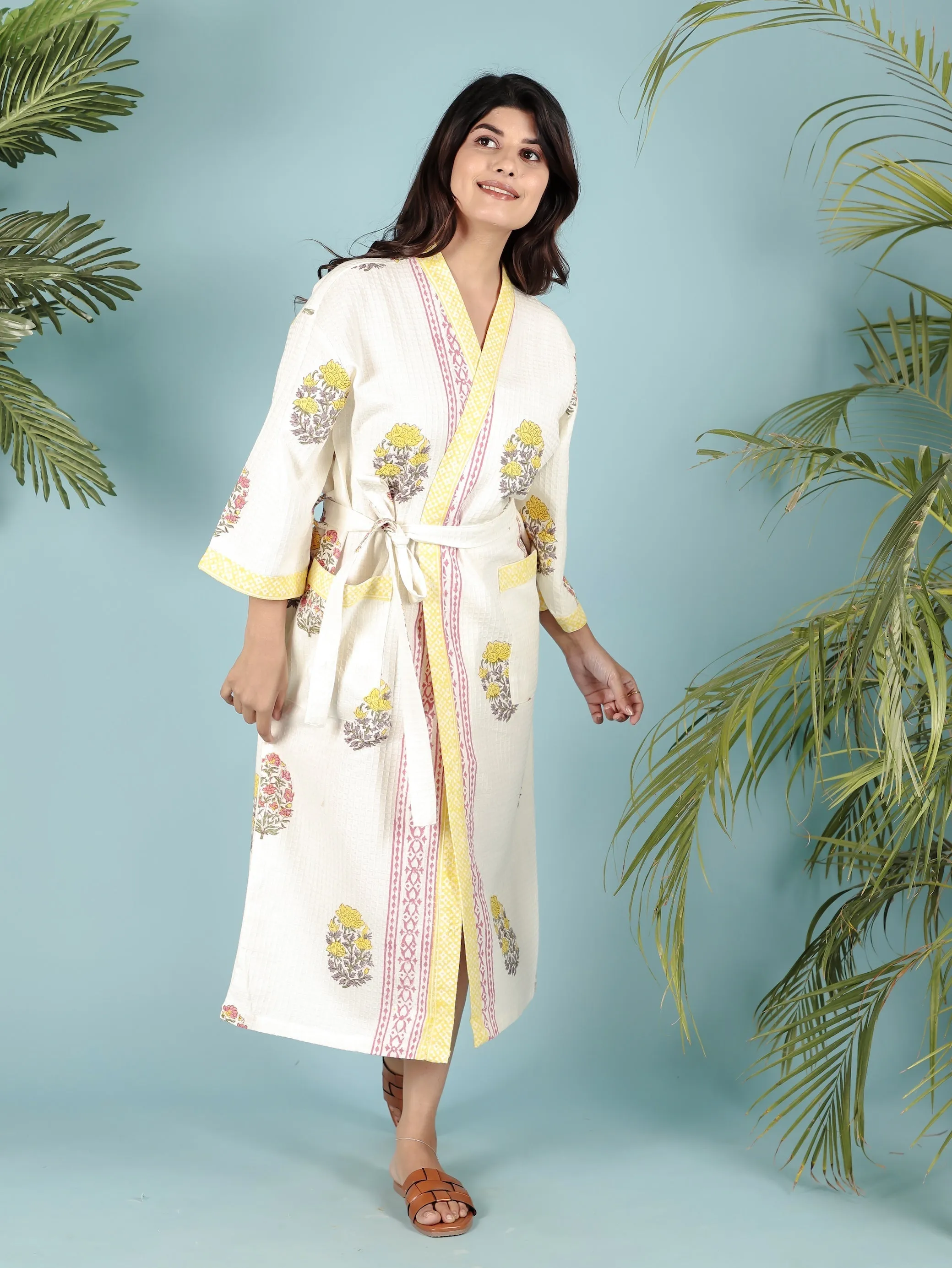 Cream & Yellow Waffle Cotton Handblock Print Unisex Bathrobe