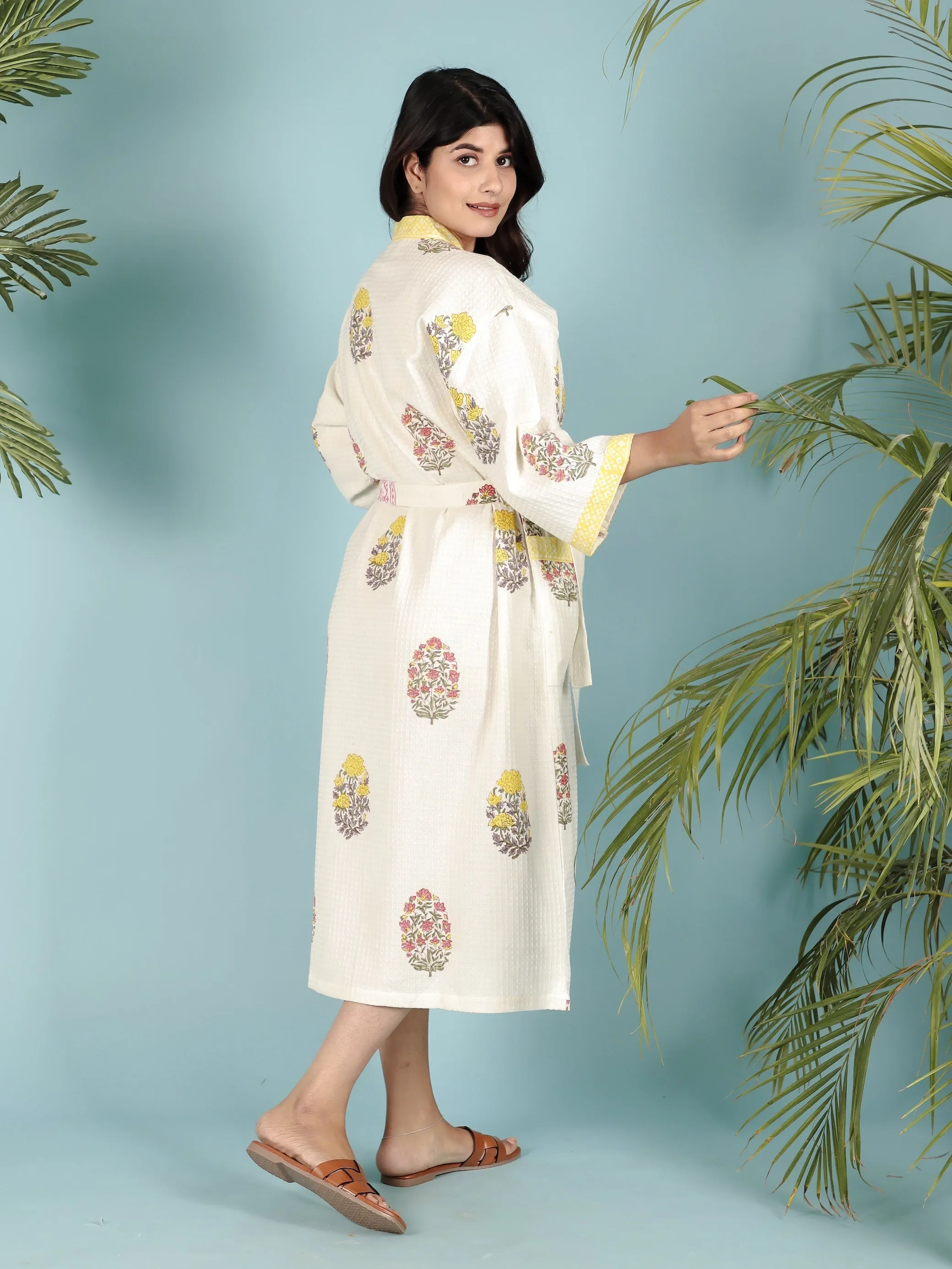Cream & Yellow Waffle Cotton Handblock Print Unisex Bathrobe