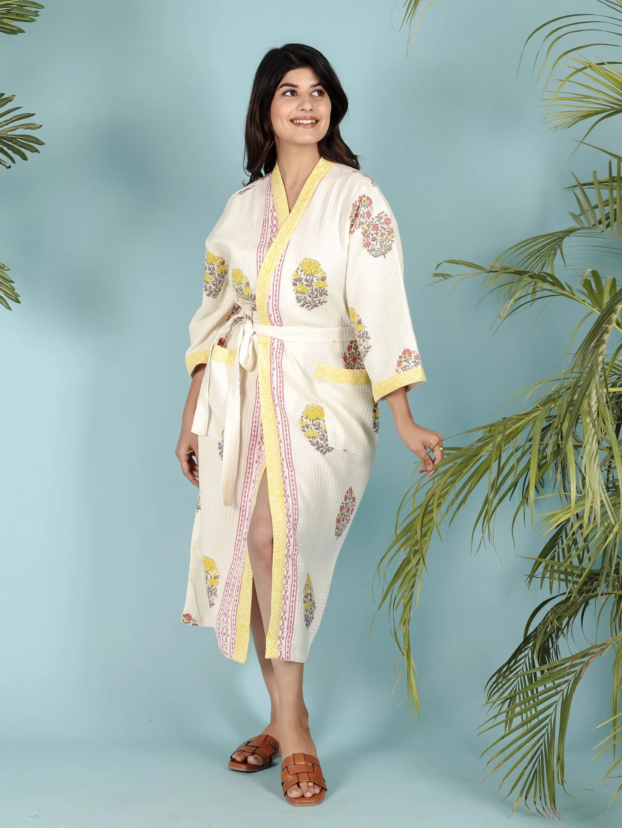 Cream & Yellow Waffle Cotton Handblock Print Unisex Bathrobe