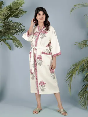 Cream Madurai Cotton Floral Printed Unisex Bathrobe