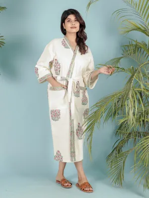 Cream Waffle Cotton Handblock Printed Unisex Bathrobe
