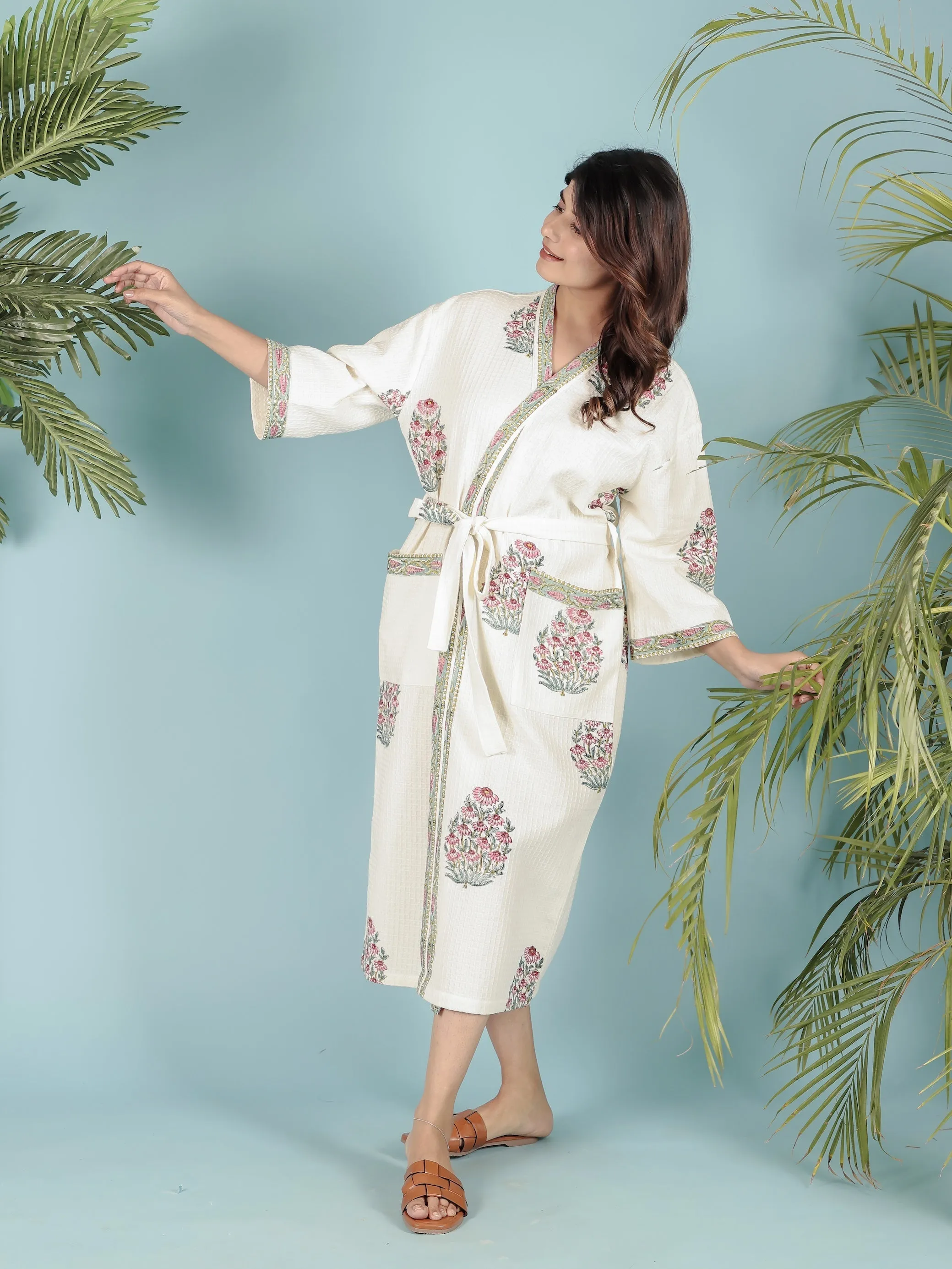 Cream Waffle Cotton Handblock Printed Unisex Bathrobe