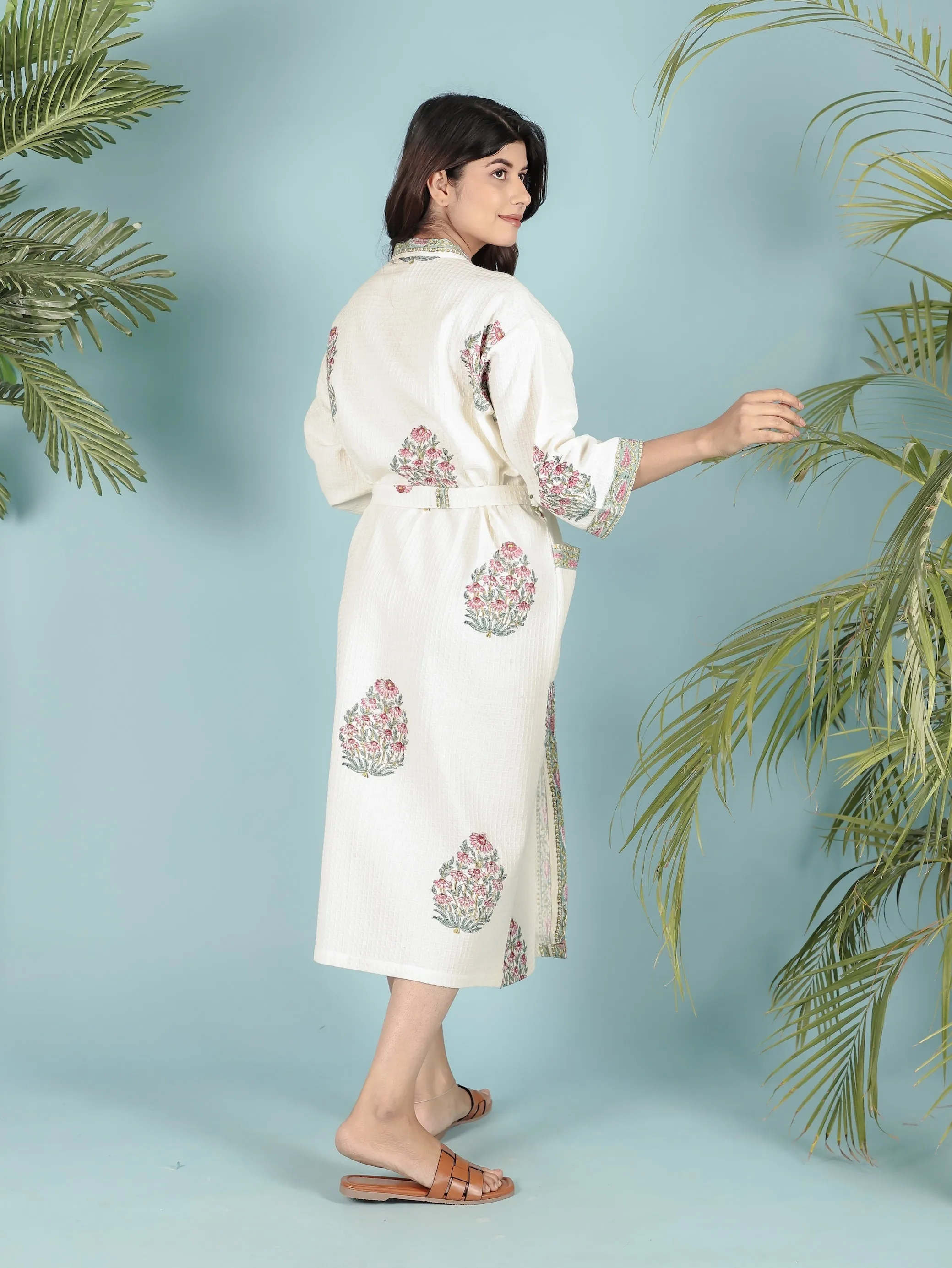 Cream Waffle Cotton Handblock Printed Unisex Bathrobe