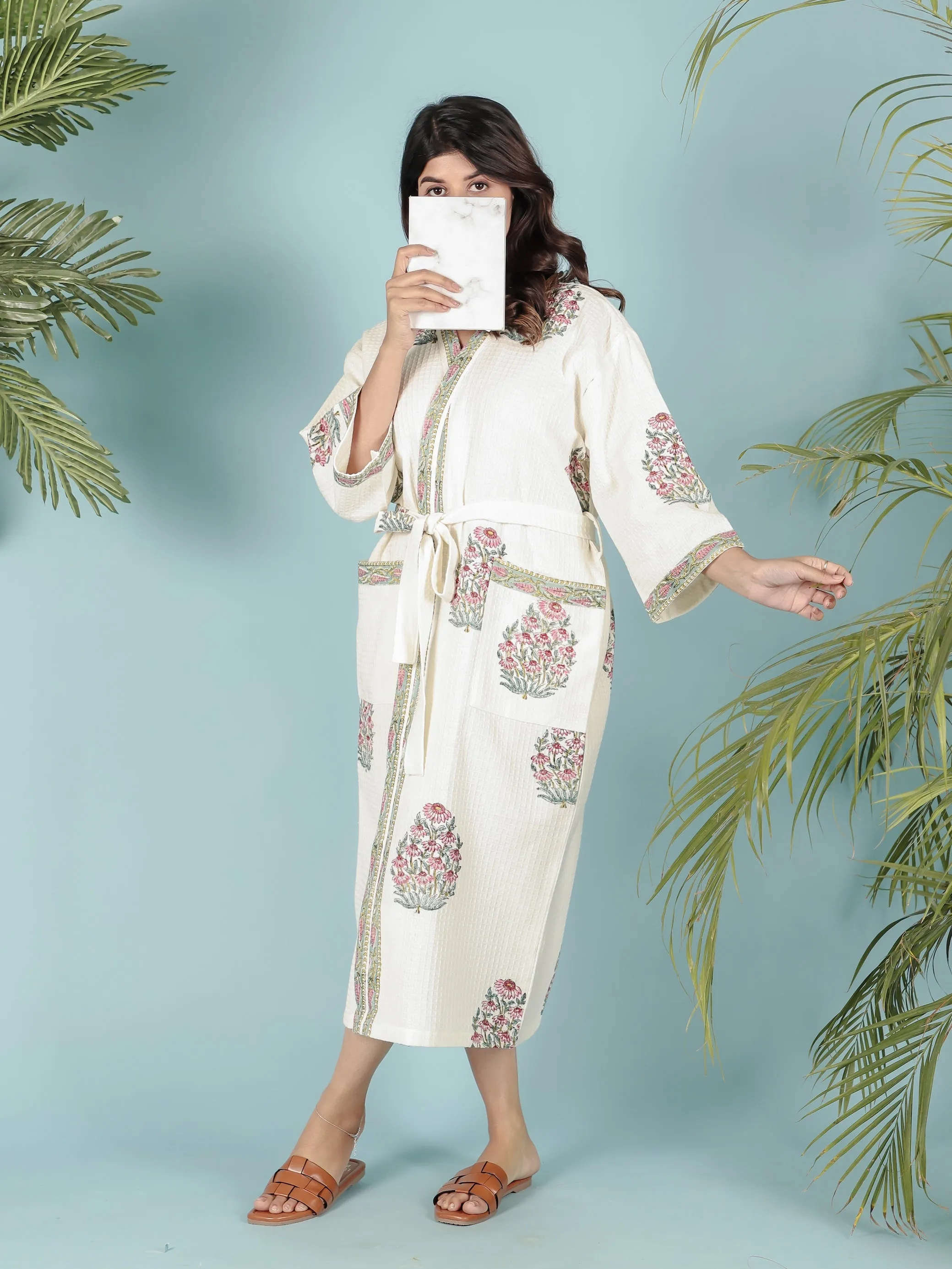 Cream Waffle Cotton Handblock Printed Unisex Bathrobe